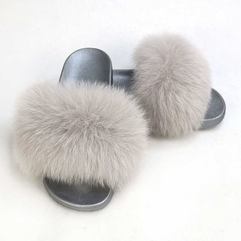 Janefur Wholesale Women's Fashion Slippers With Real Fox Fur Trim (Black, Gold, Silver Soles)