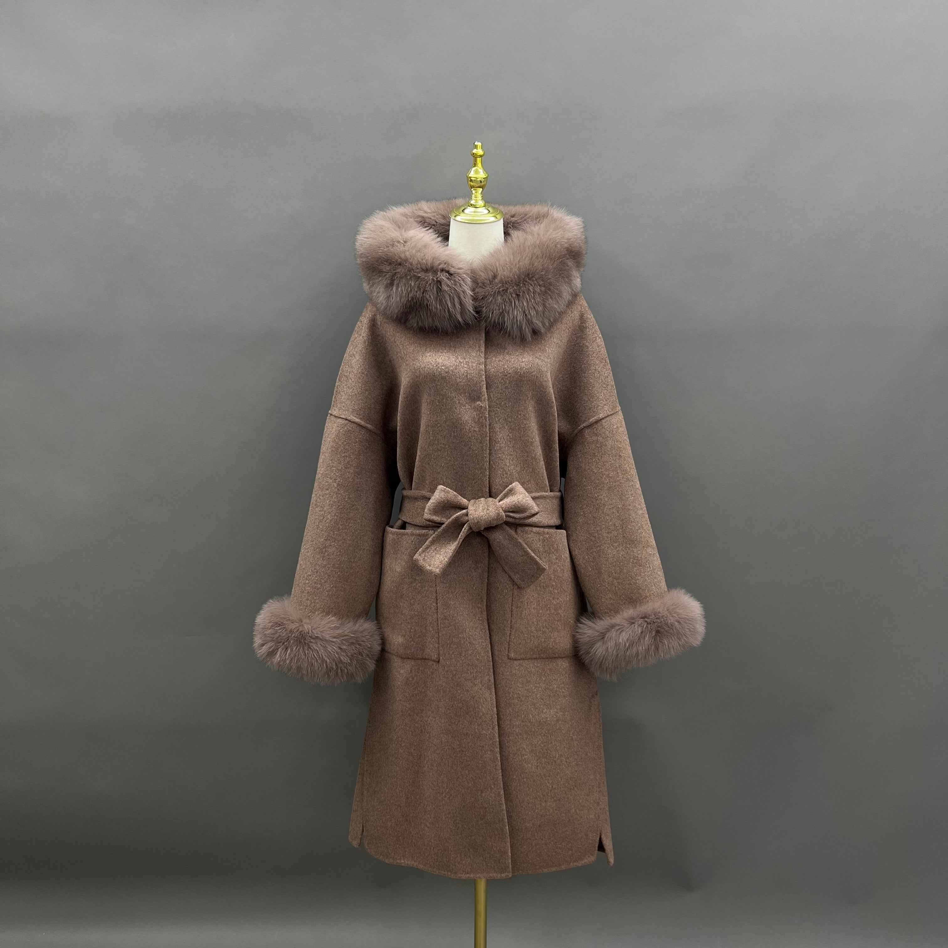Women's Luxury Double - Faced Cashmere Coat with Fox Fur Collar, Cuffs and Hood, Belted Long Winter Outerwear
