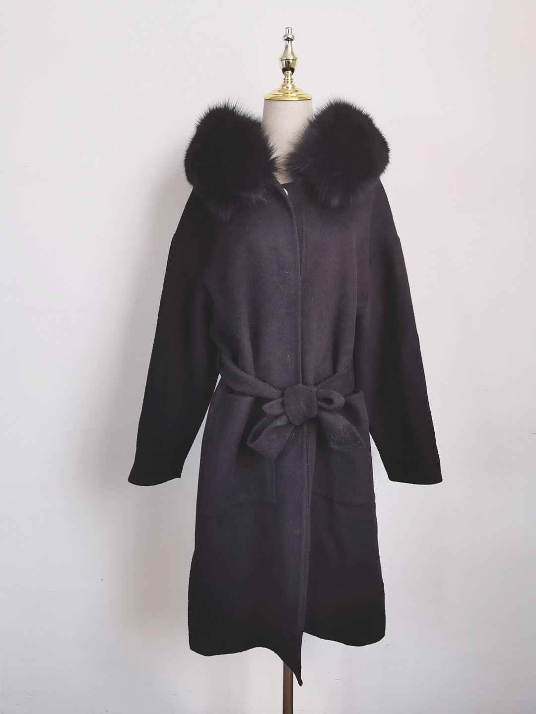 Modern Hooded Double-Faced Wool Coat with Cozy Fox Fur Details