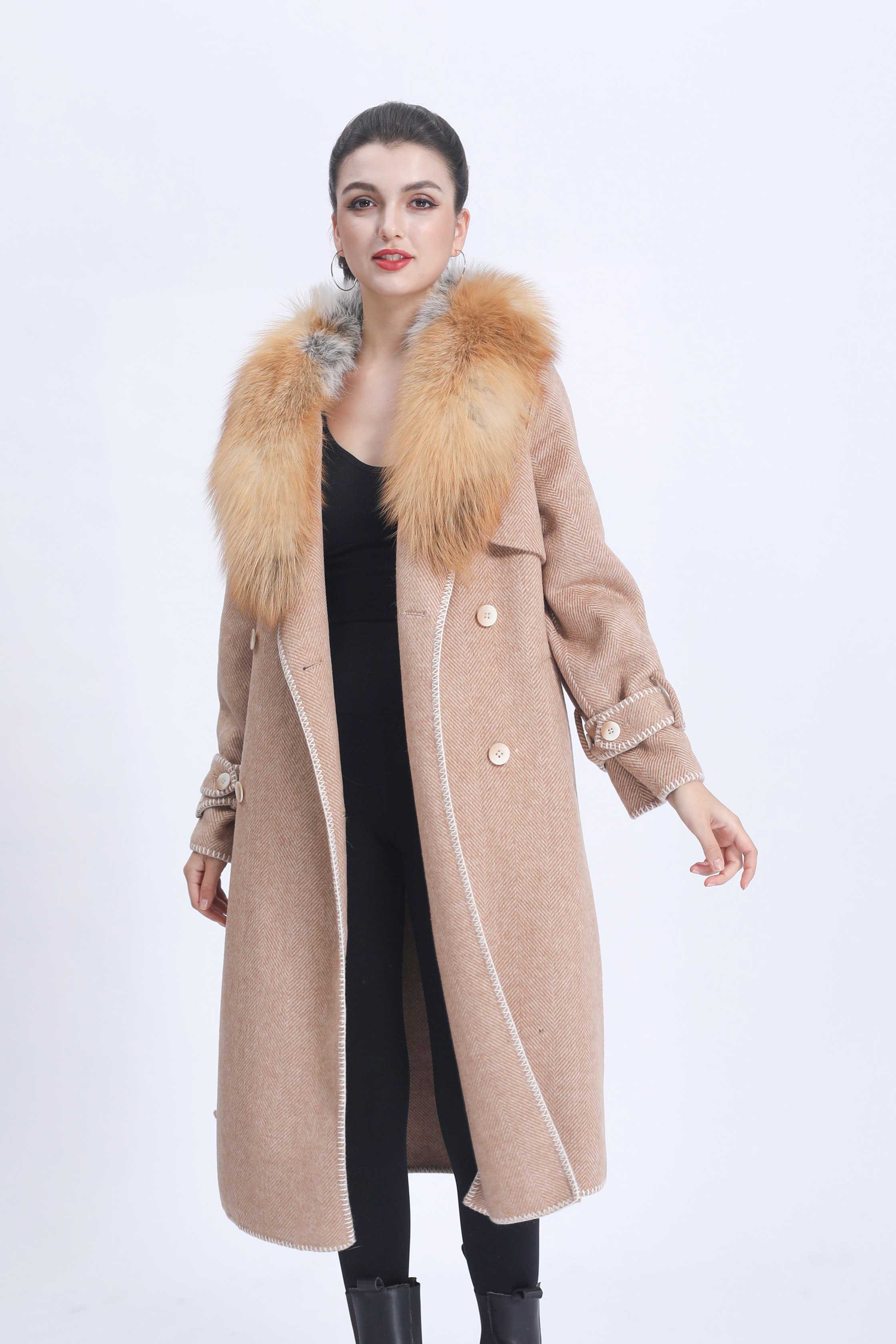 Women's Double-faced Wool Coat with Luxurious Silver Fox Fur Collar Cashmere Jacket - Janefur