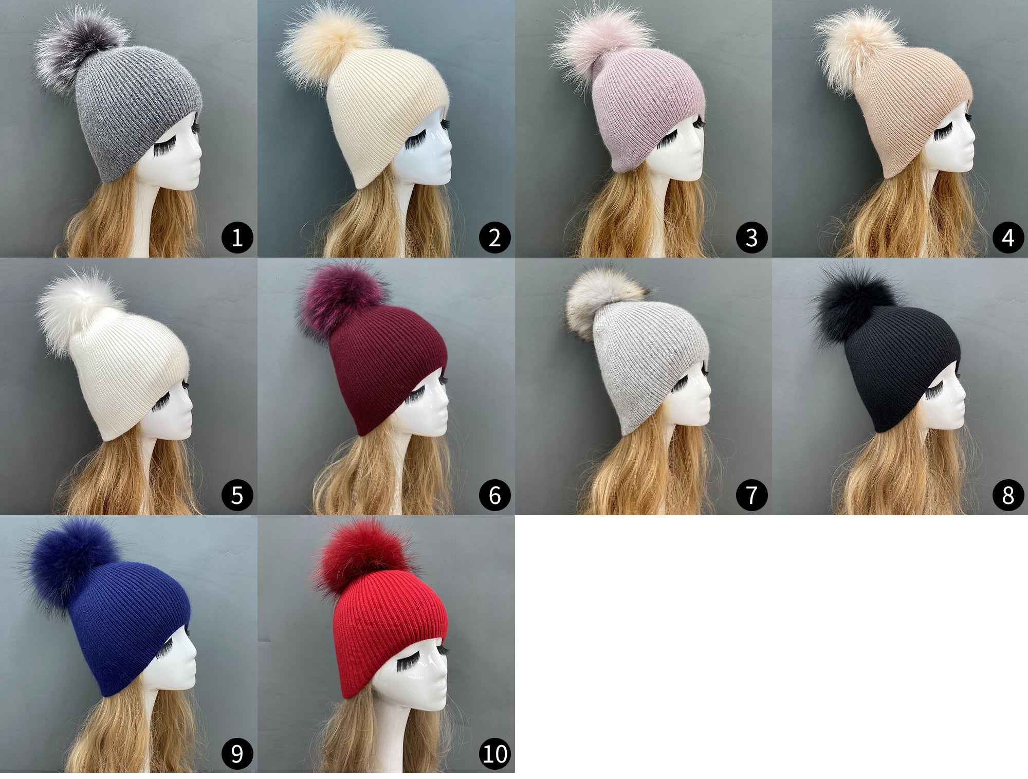 Women's & Kids' Gray Knit Beanie with Real Raccoon Fur Pom-Pom – Soft Rabbit Blend, Non-Cuffed Winter Hat for Family