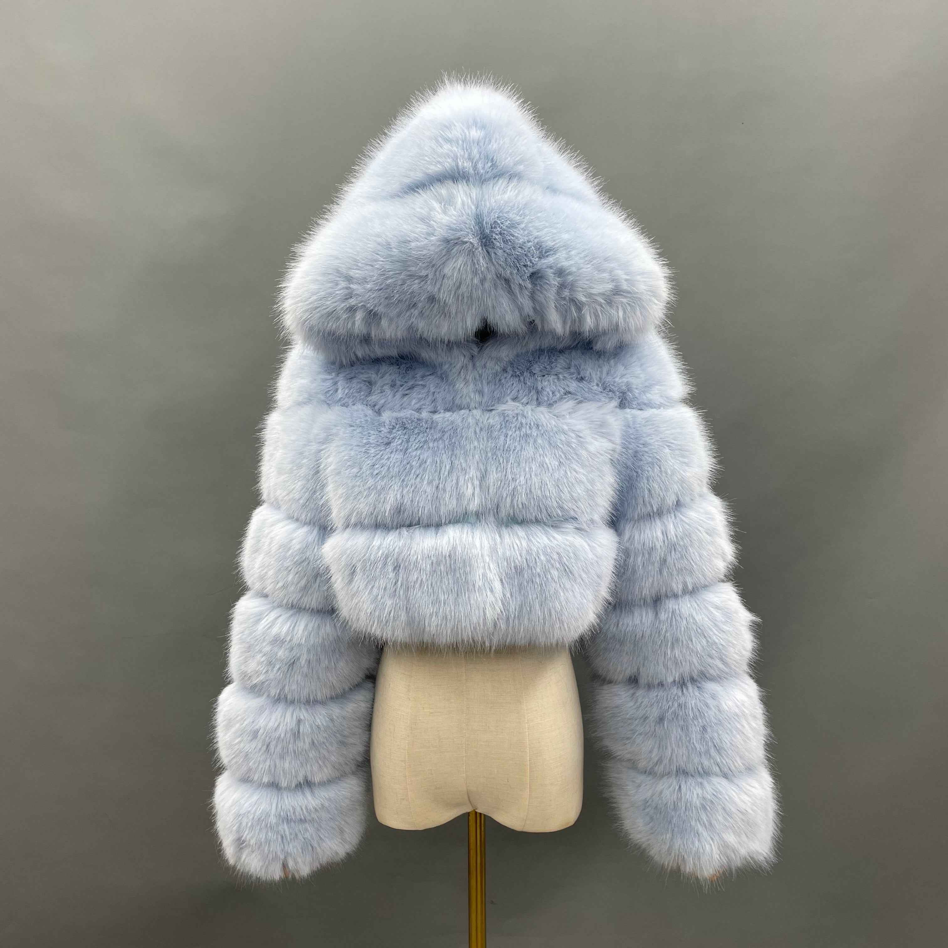 Three - Panel Faux Fur Cropped Hooded Coat