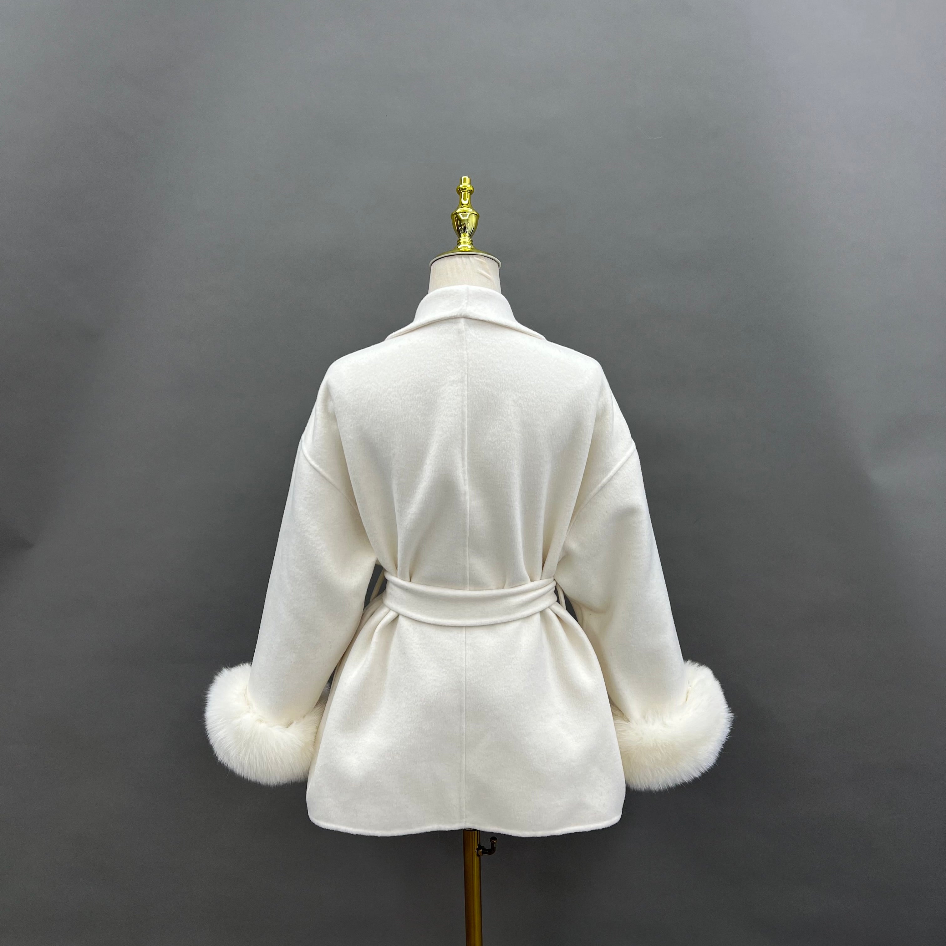 Elegant Belted Cashmere Wool Coat with Real Fox Fur Cuffs – Oversized Drop-Shoulder Design - Janefur