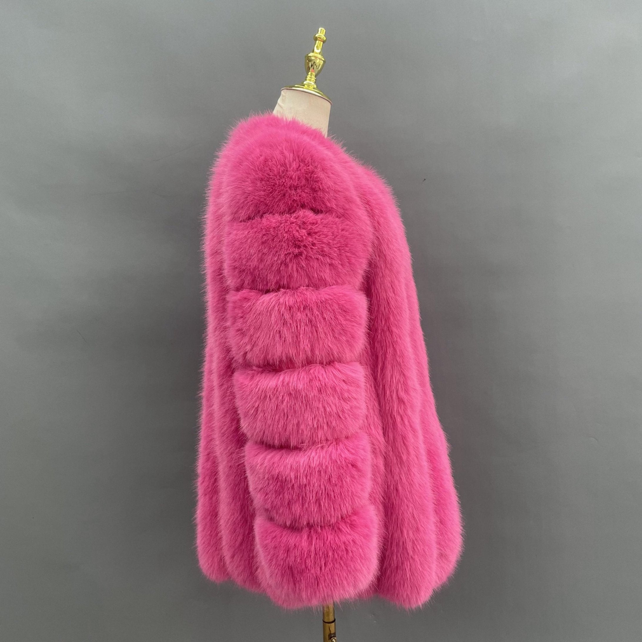 New Women's Vertical Stripe Long Faux Fox Fur Coat Eco Fur Coat - Janefur