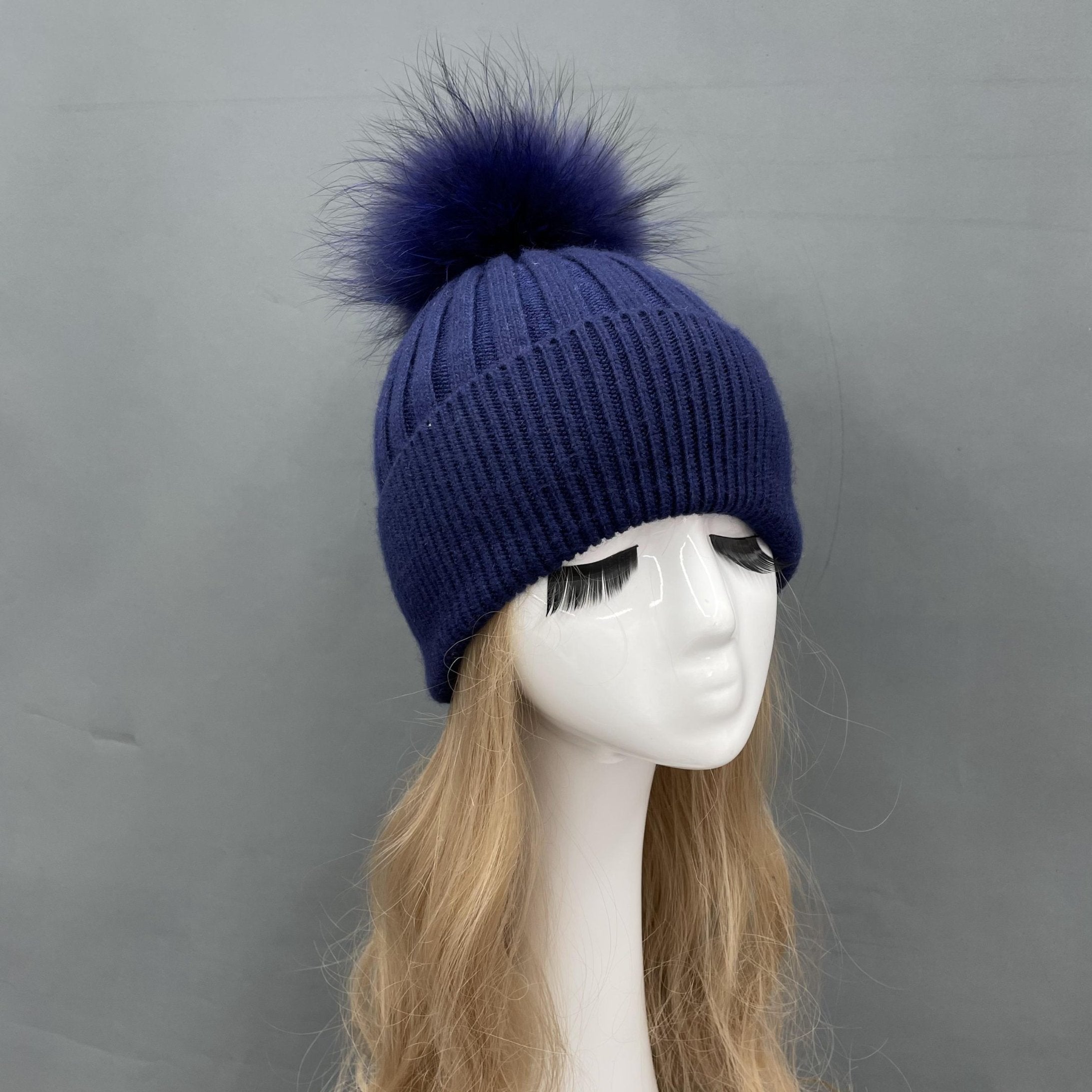Winter Knitted Angora Beanie Hat With Removable Fur Pom Pom - Janefur