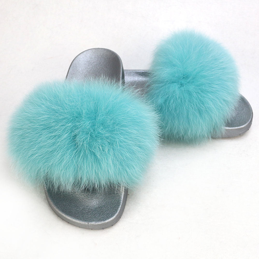 Janefur Wholesale Women's Fashion Slippers With Real Fox Fur Trim (Black, Gold, Silver Soles)