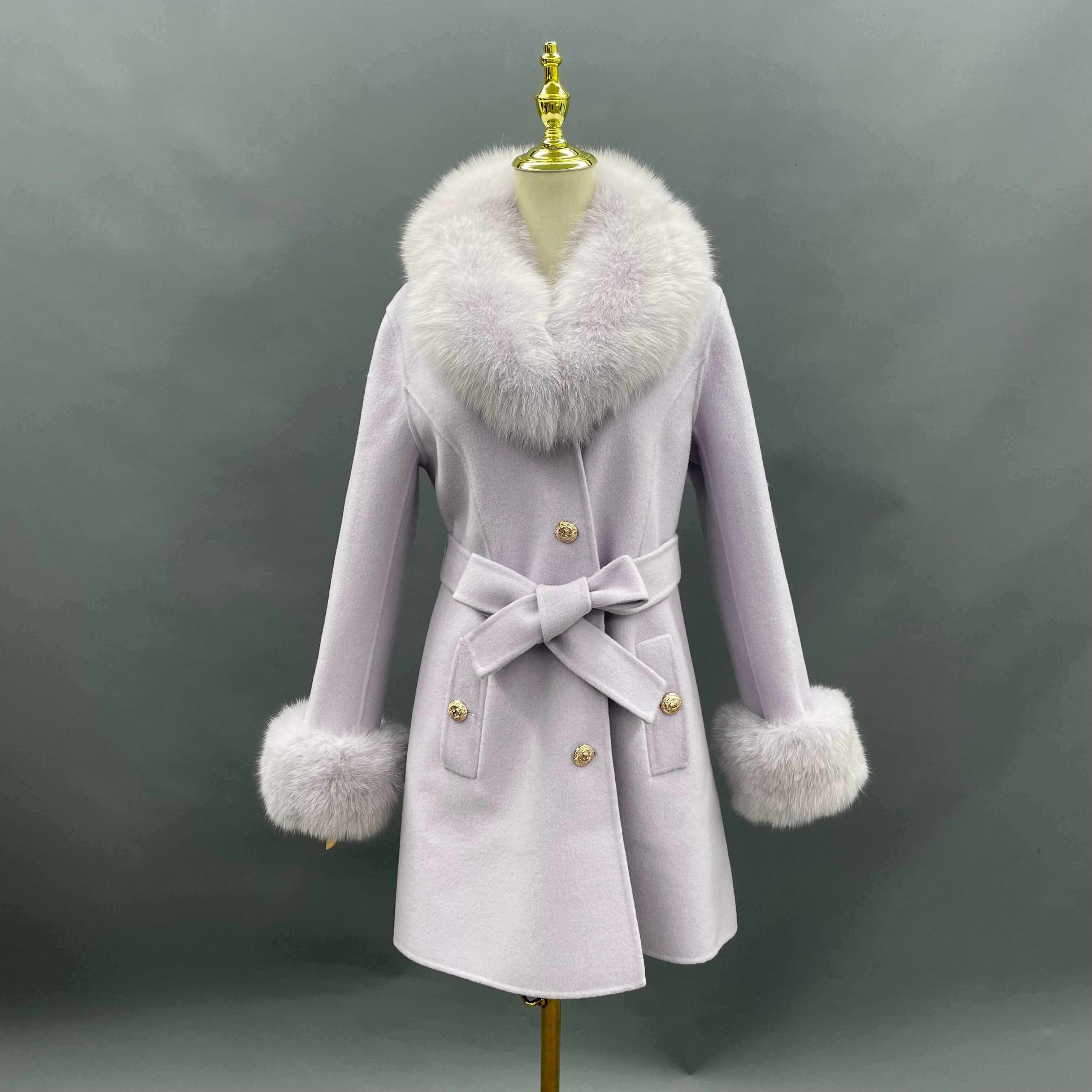 Women's Blue Double-Faced Wool Coat with Real Fox Fur Collar – Belted Bow Design, Stylish Winter Outerwear for Women 14#Lavender