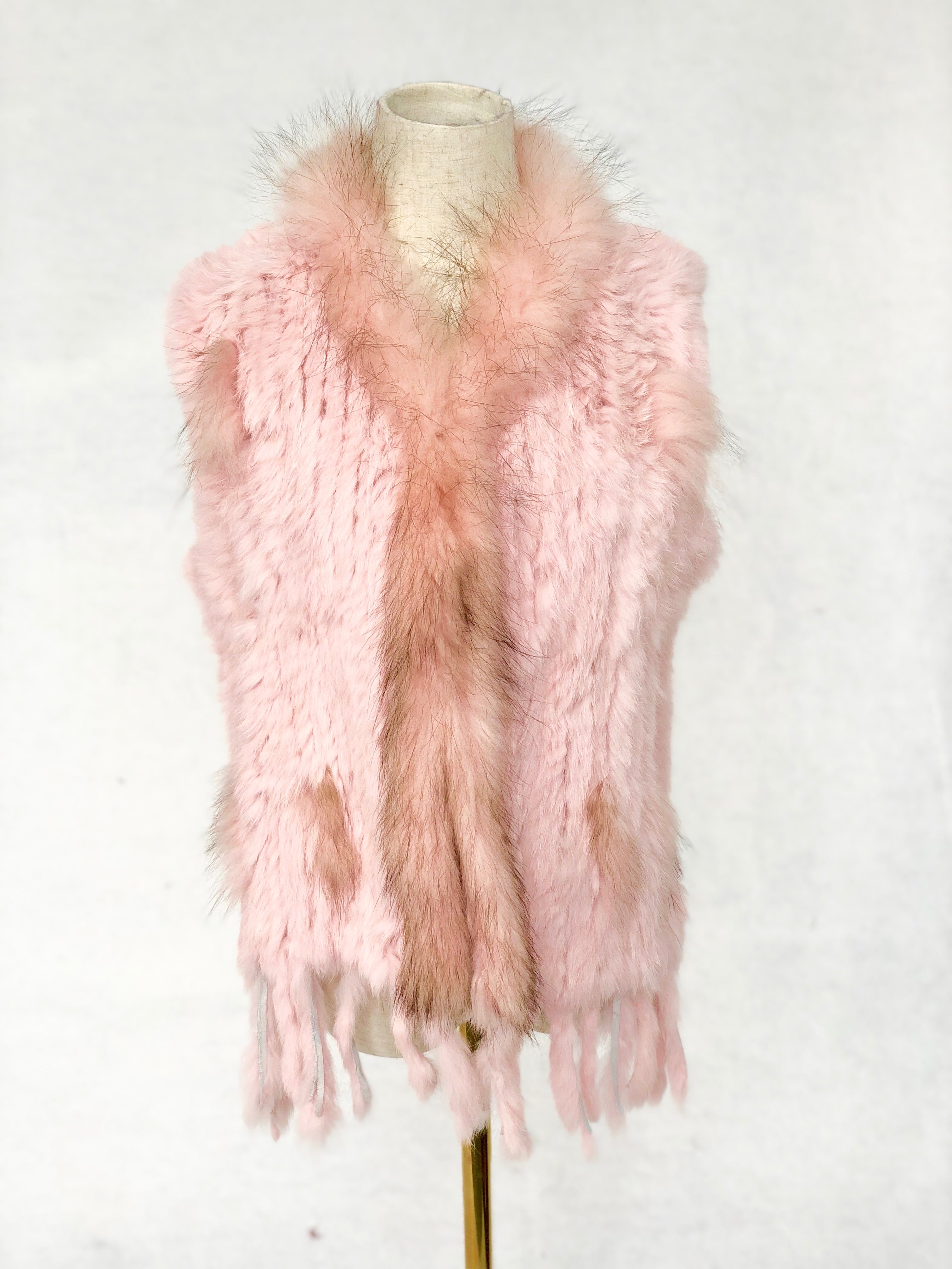 Women's Fuchsia Knitted Rabbit & Fox Fur Vest with Ragged Tramp Style & Fringe Details - Luxe Statement Outerwear