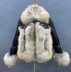 Real Fox Fur Collar Women's Short Fox Fur Stitching Leather Winter Short Coat - Janefur