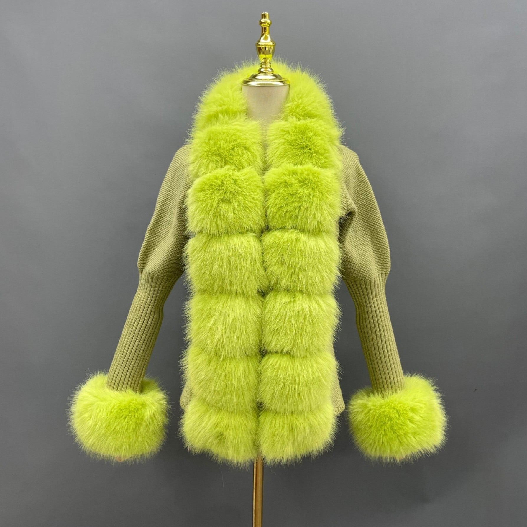Women's Knitted Sweater Coat Cuff Placket with Eco-Fur Faux Fur - Janefur