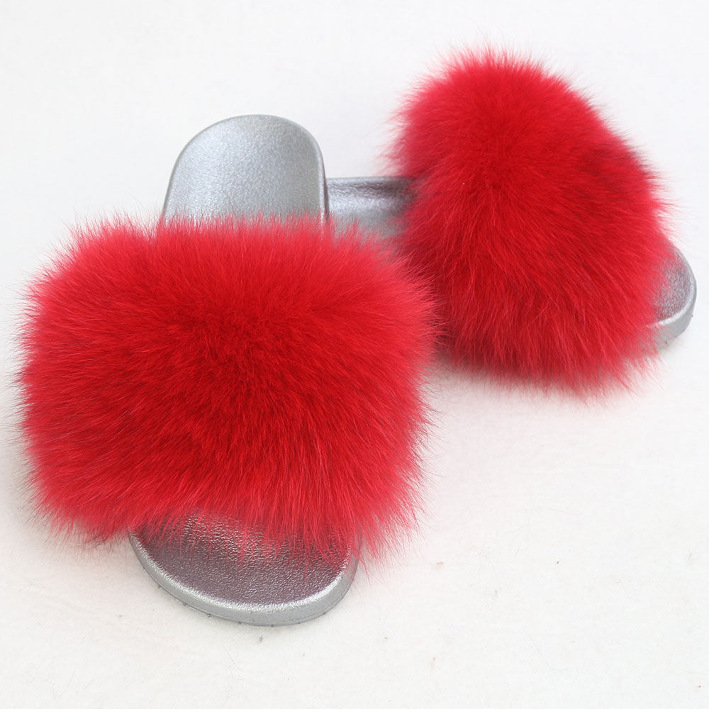 Janefur Wholesale Women's Fashion Slippers With Real Fox Fur Trim (Black, Gold, Silver Soles)