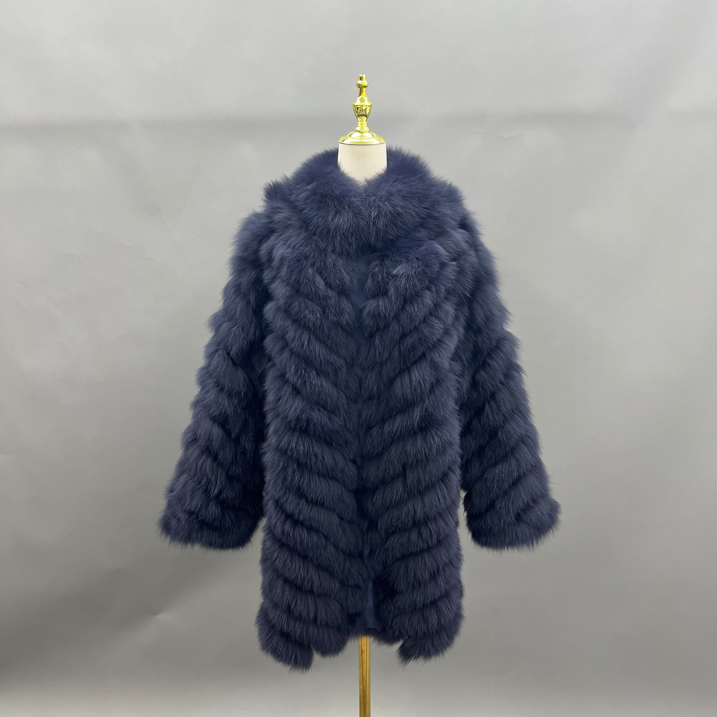 Reversible Long Jacket With Fox Fur And Diagonal Stripes 10#Navy Click chat with us