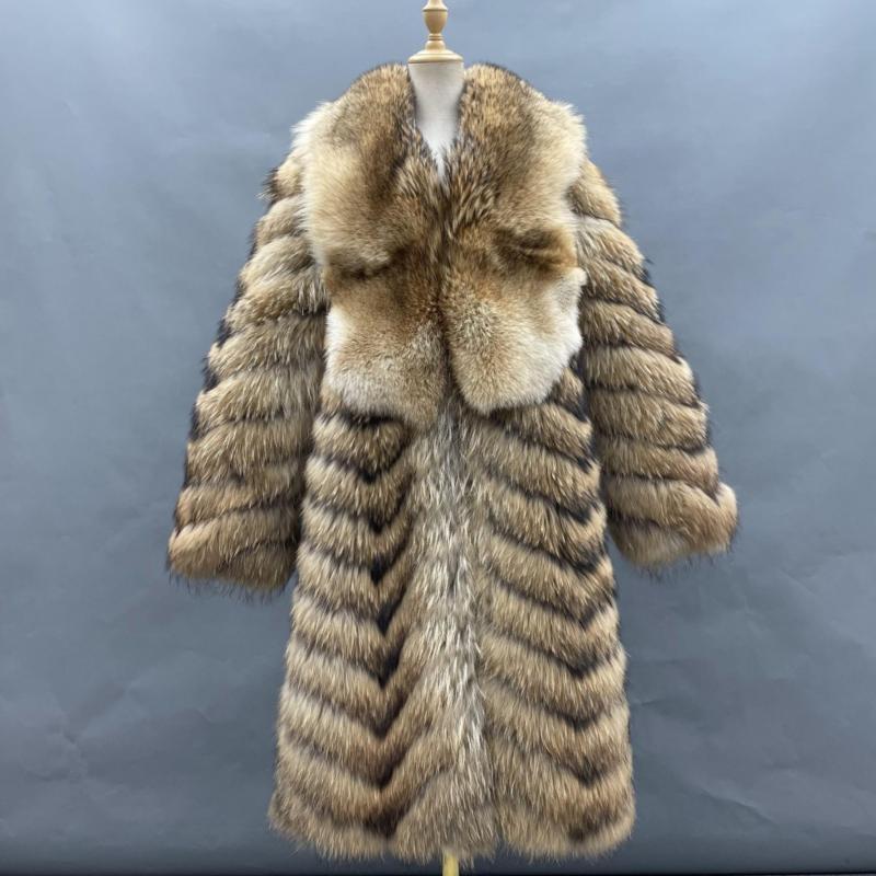 Big Wolf Fur Collar Luxury Winter Natural Raccoon Fur Long Coat - Janefur