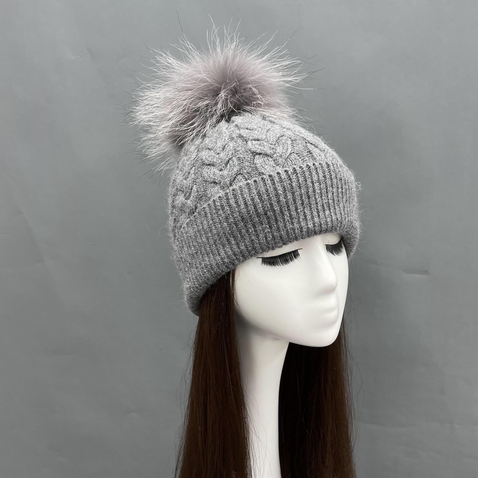 Ladies Beanie Hat Angora Knitted Raccoon Fur Pom Pom Warm Hat - Janefur