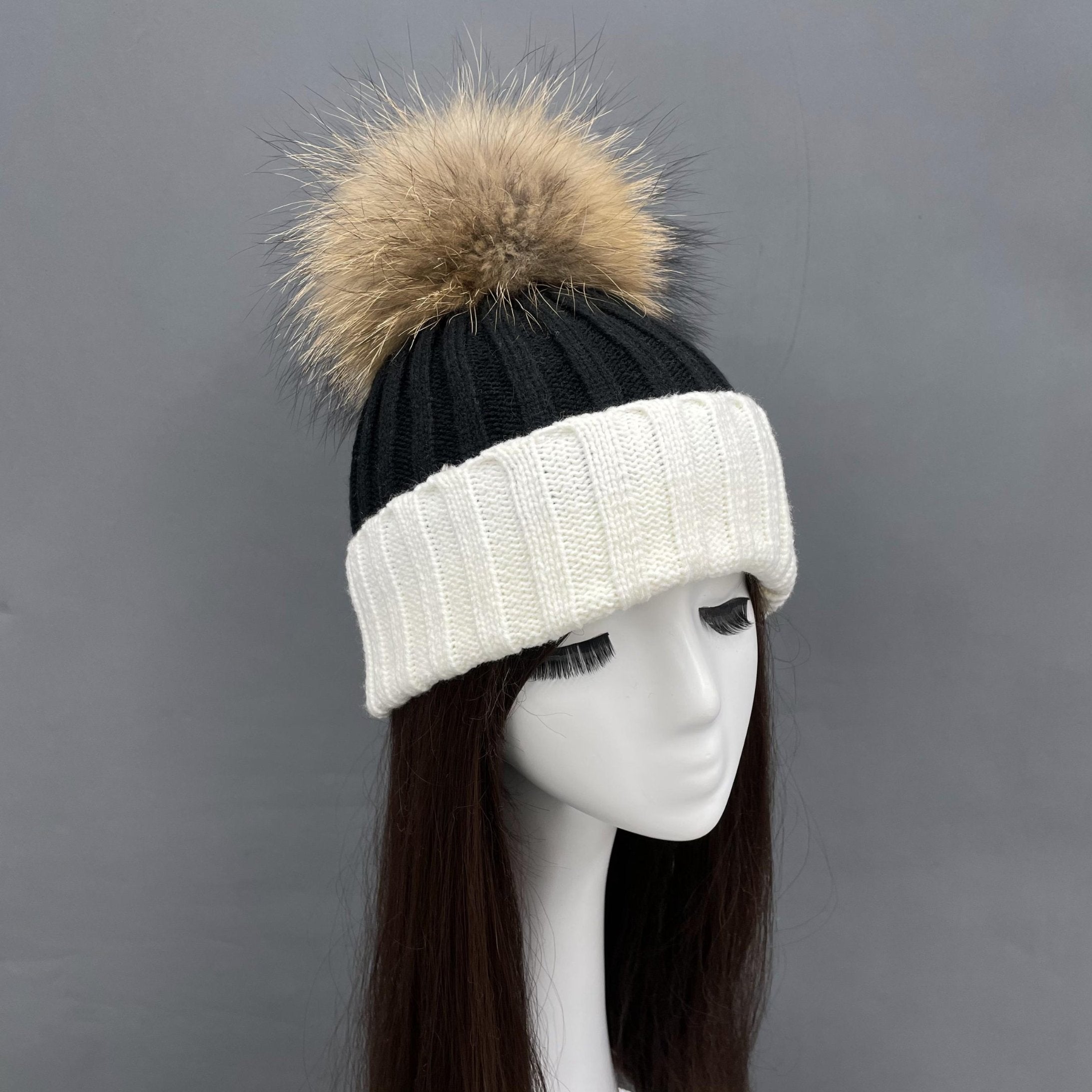 New Fall And Winter Striped With Fur Pom Pom Acrylic Hat - Janefur
