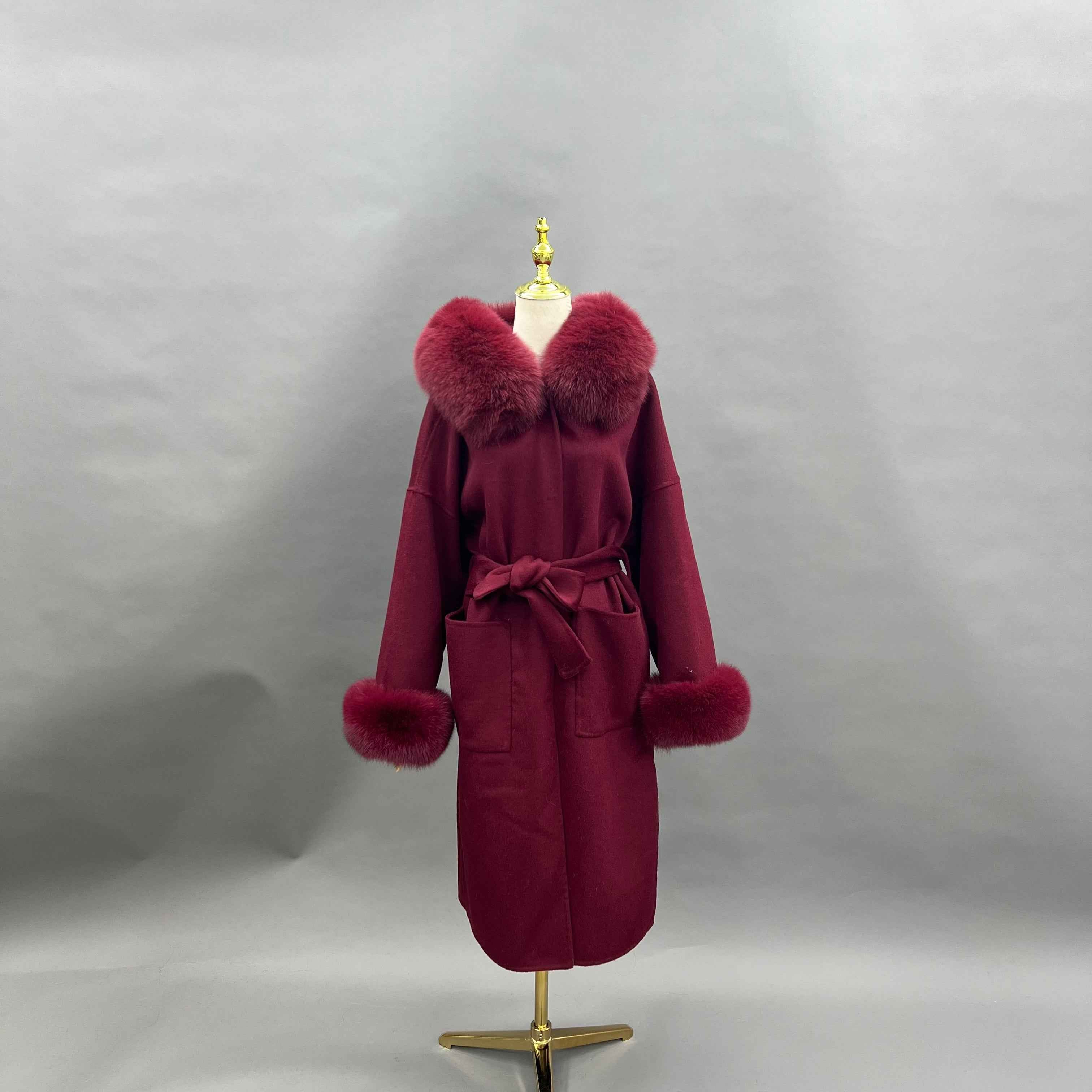 Women's Luxury Double - Faced Cashmere Coat with Fox Fur Collar, Cuffs and Hood, Belted Long Winter Outerwear