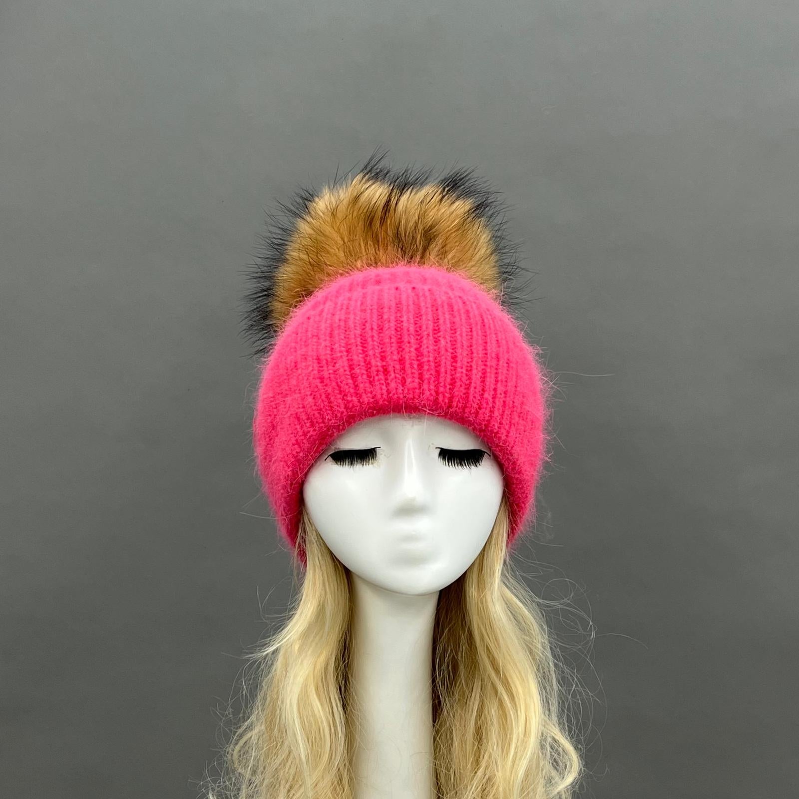 Women's Fashion Thin Striped Rabbit Fur Pom Pom Hat - Janefur