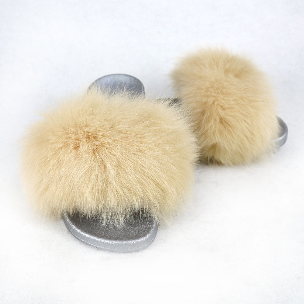 Janefur Wholesale Women's Fashion Slippers With Real Fox Fur Trim (Black, Gold, Silver Soles)
