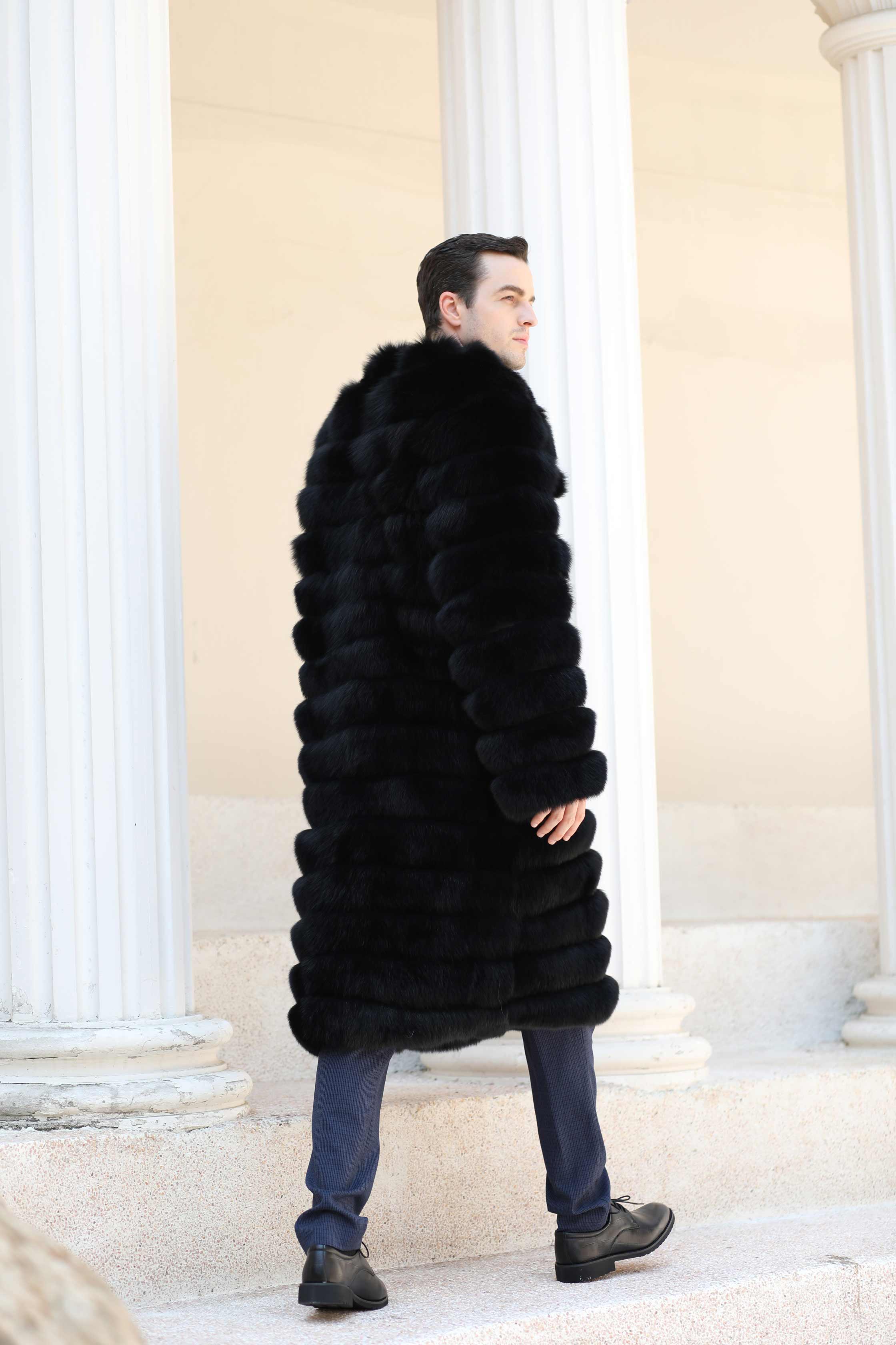 Men's Long Luxury Fur Collar Real Fox Fur Winter Fashion Coat - Janefur