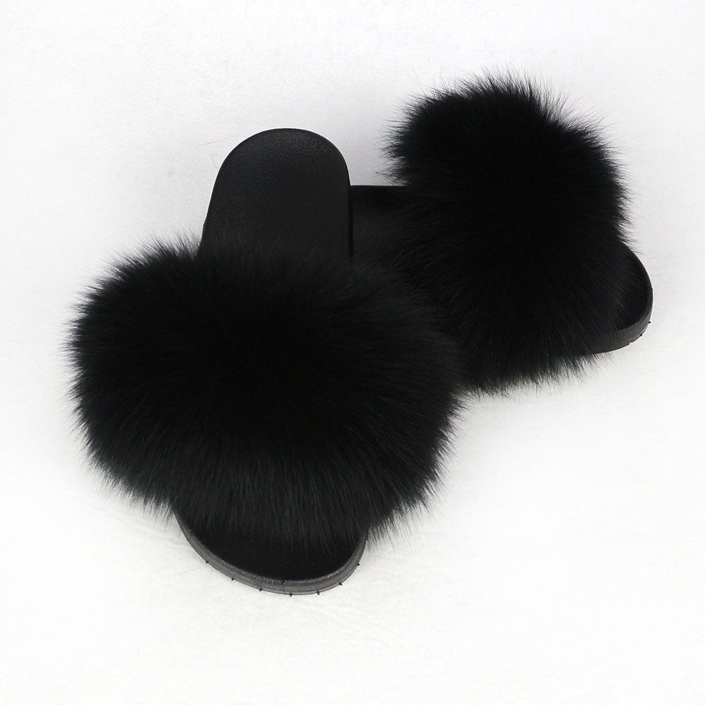 Janefur Wholesale Women's Fashion Slippers With Real Fox Fur Trim (Black, Gold, Silver Soles)