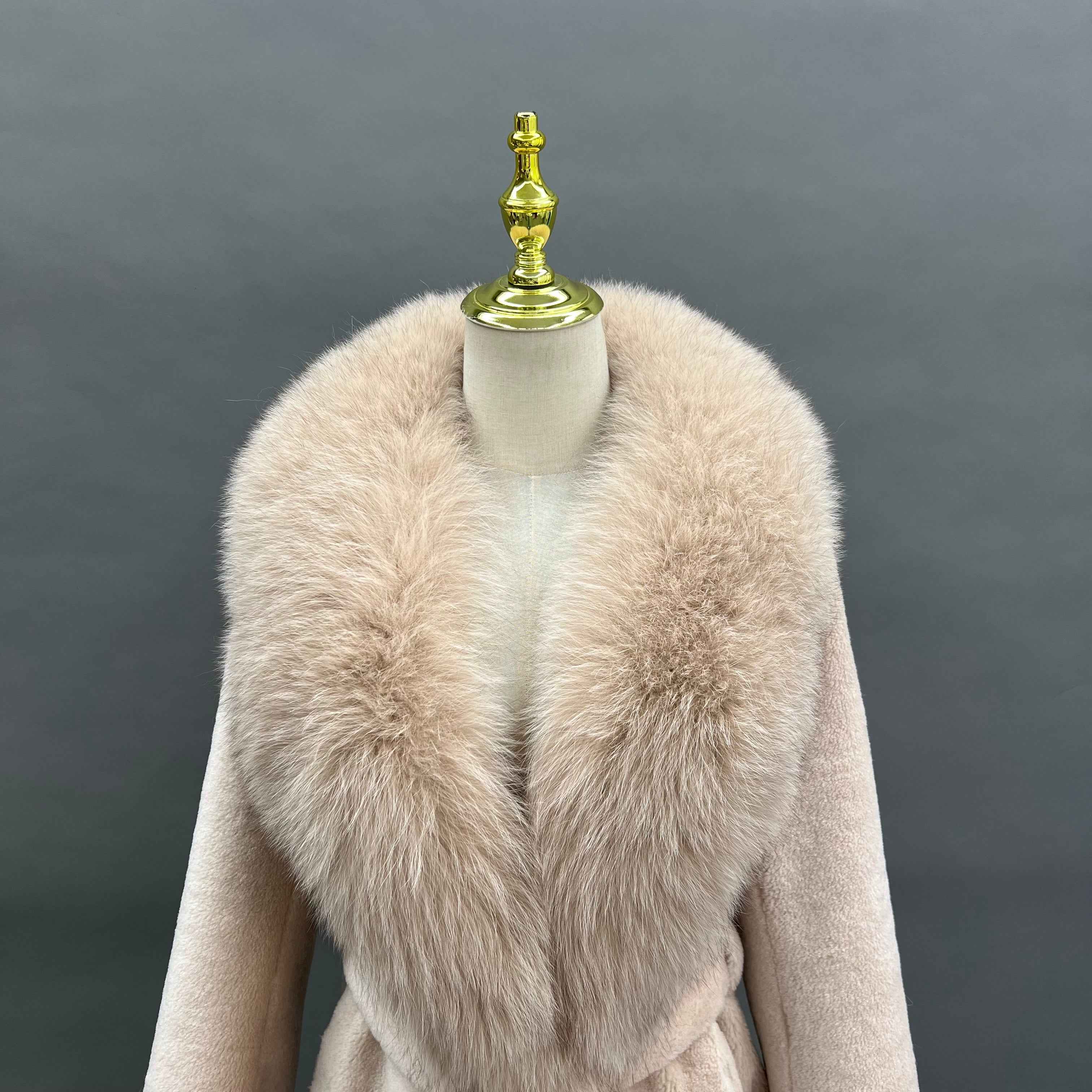 Luxury Shearling Long Coat with Oversized Faux Fur Collar