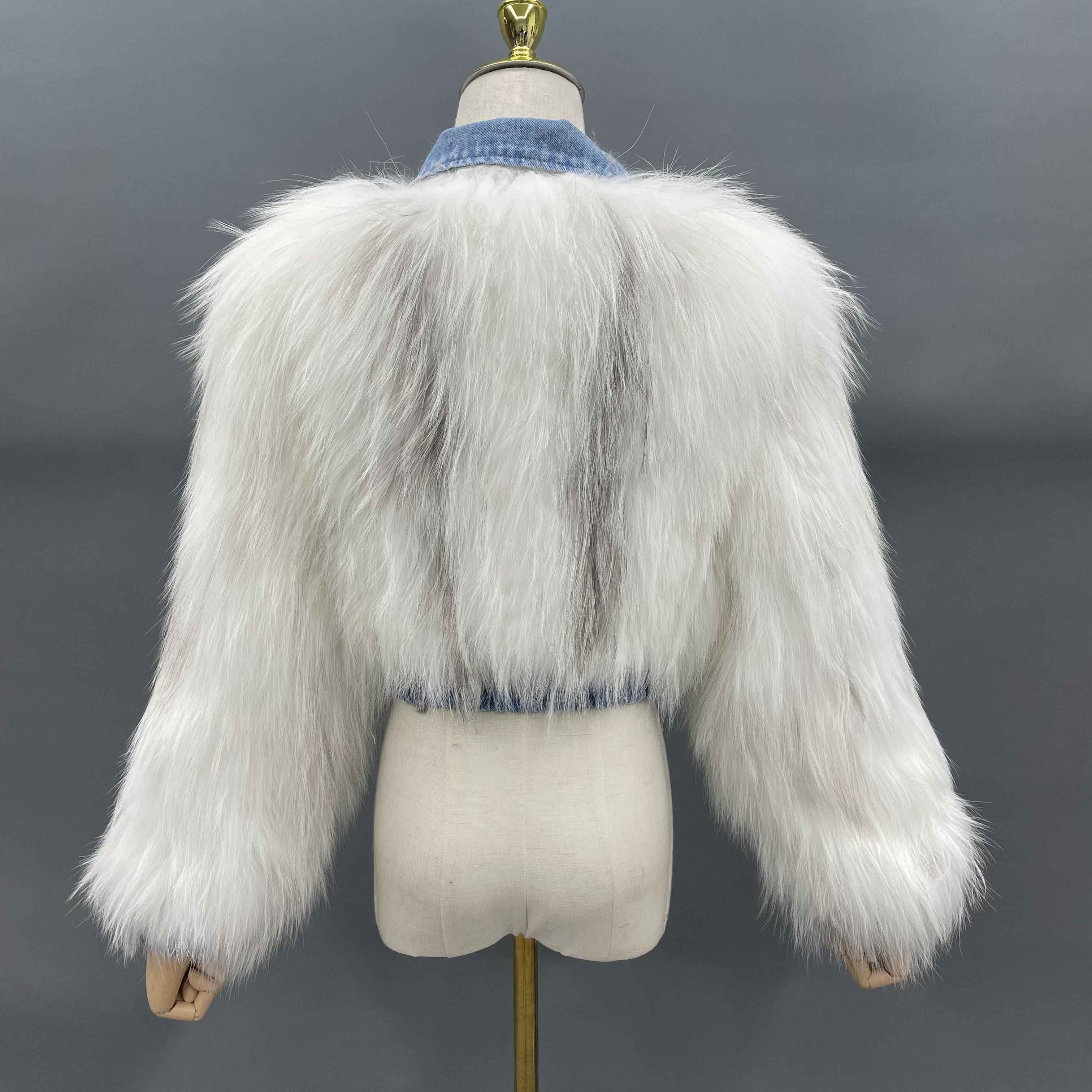 Women's Luxurious Knitted Raccoon Dog Fur Cropped Jacket with Denim Collar & Details - Edgy Winter Outerwear