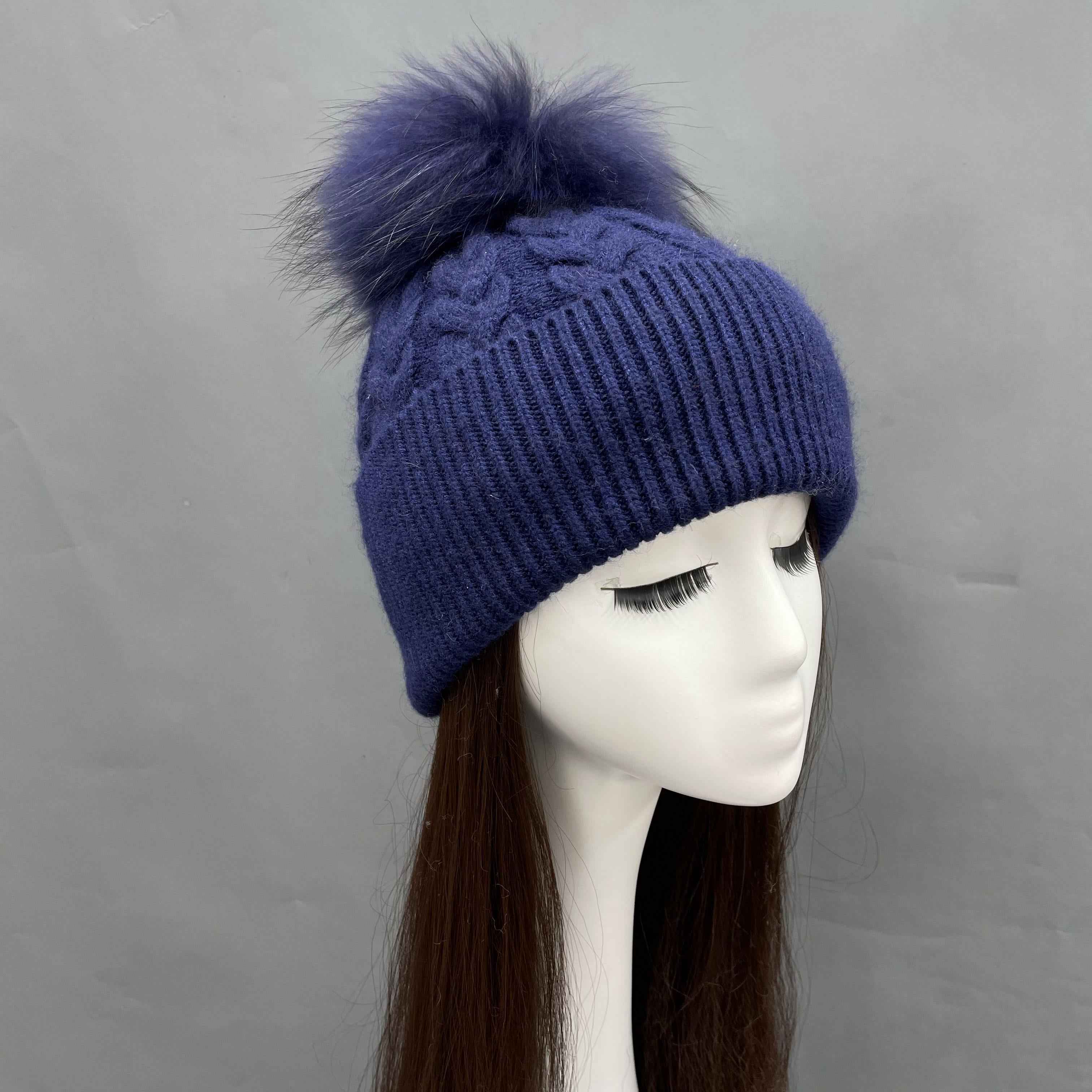Women's Burgundy Cable Knit Beanie with Matching Raccoon Dog Fur Pom-Pom – Soft Rabbit Blend, Stylish Winter Hat for Holiday & Party Wear 1#Navy Blue a22 b40-72