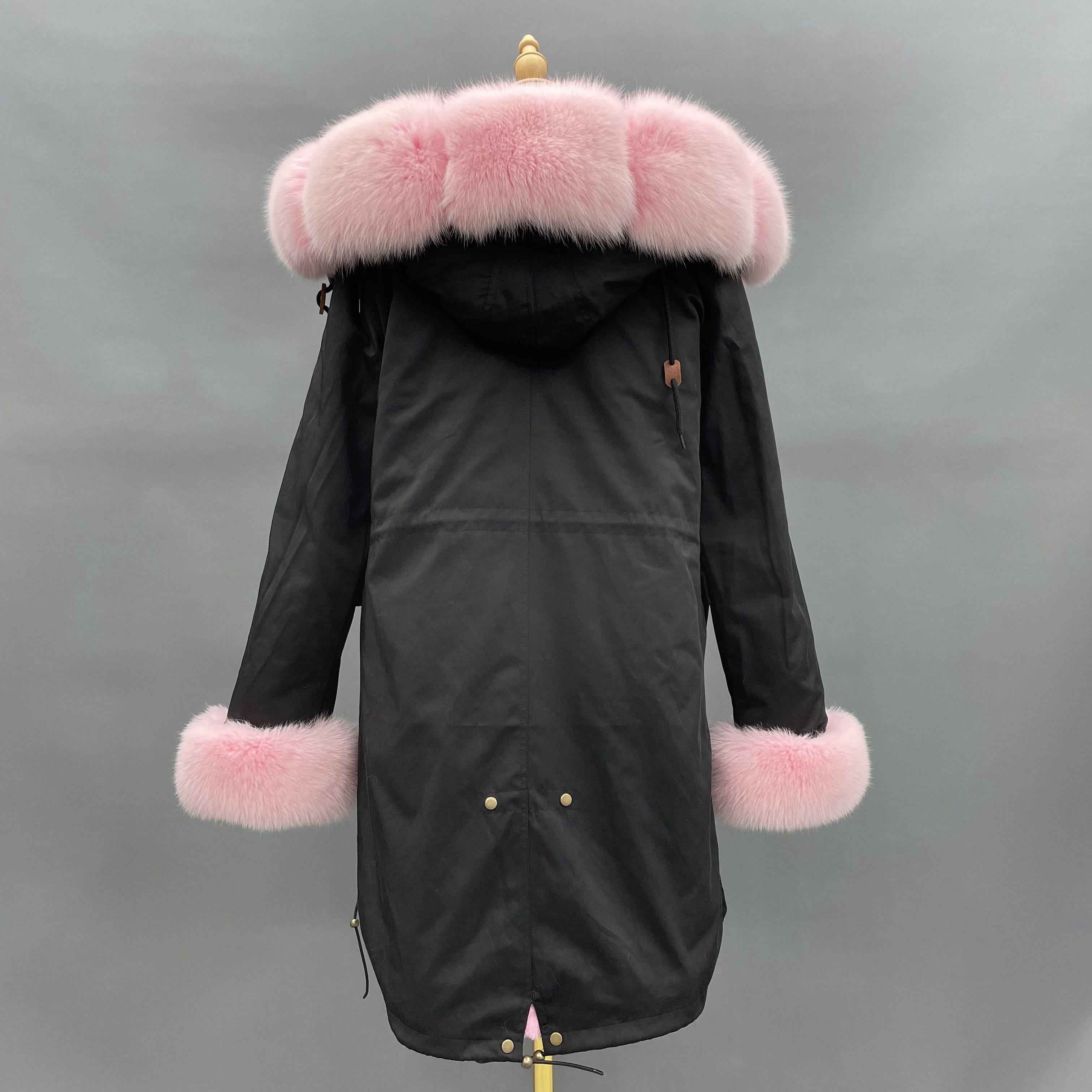 Long Black Parka with Pink Fox Fur Trim – Hooded Winter Coat for Women, Faux Fur Collar & Cuffs, Warm Oversize Outerwear