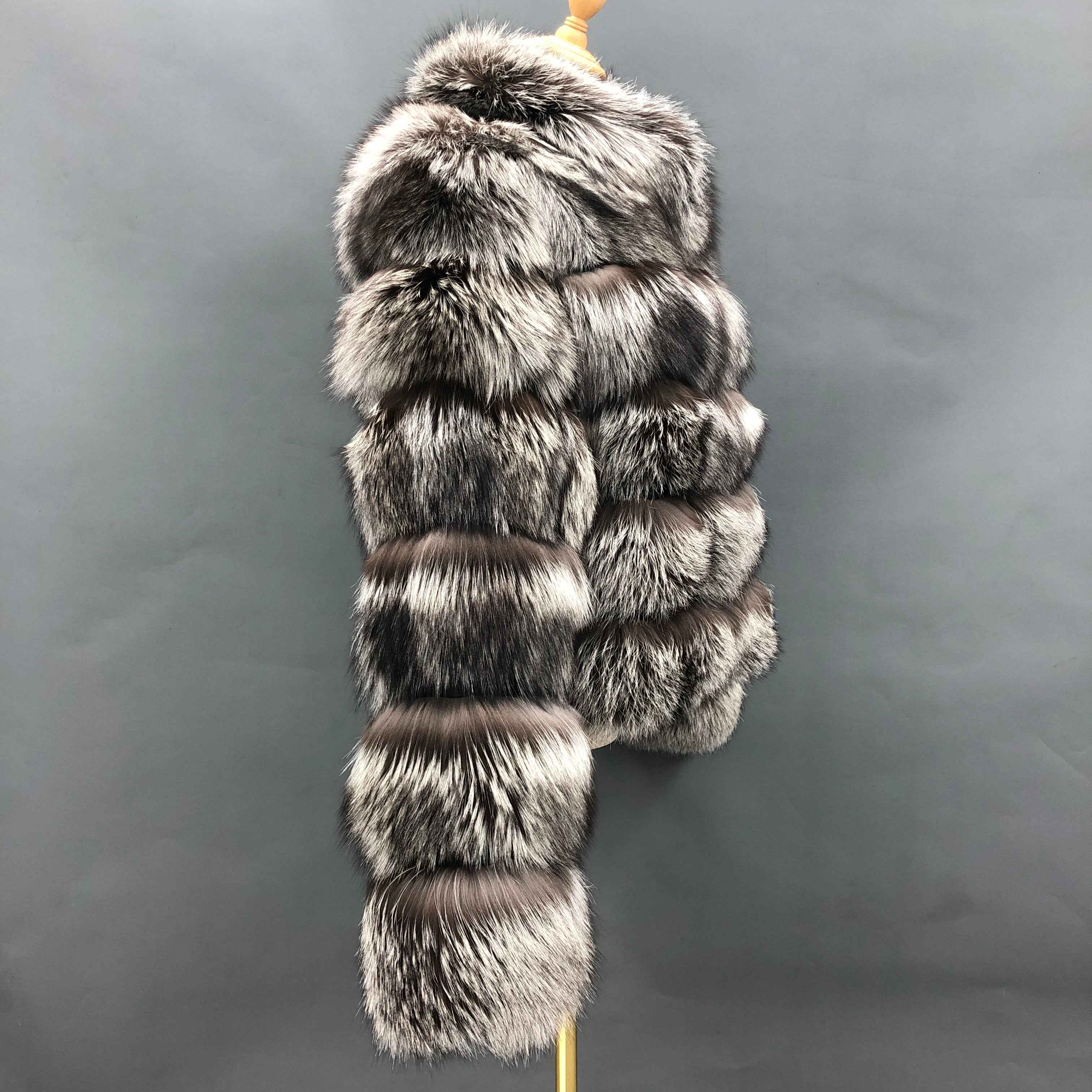Vintage Silver Fox Fur Coat with Stand Collar, 5 - Panel Body and 6 - Panel Sleeves