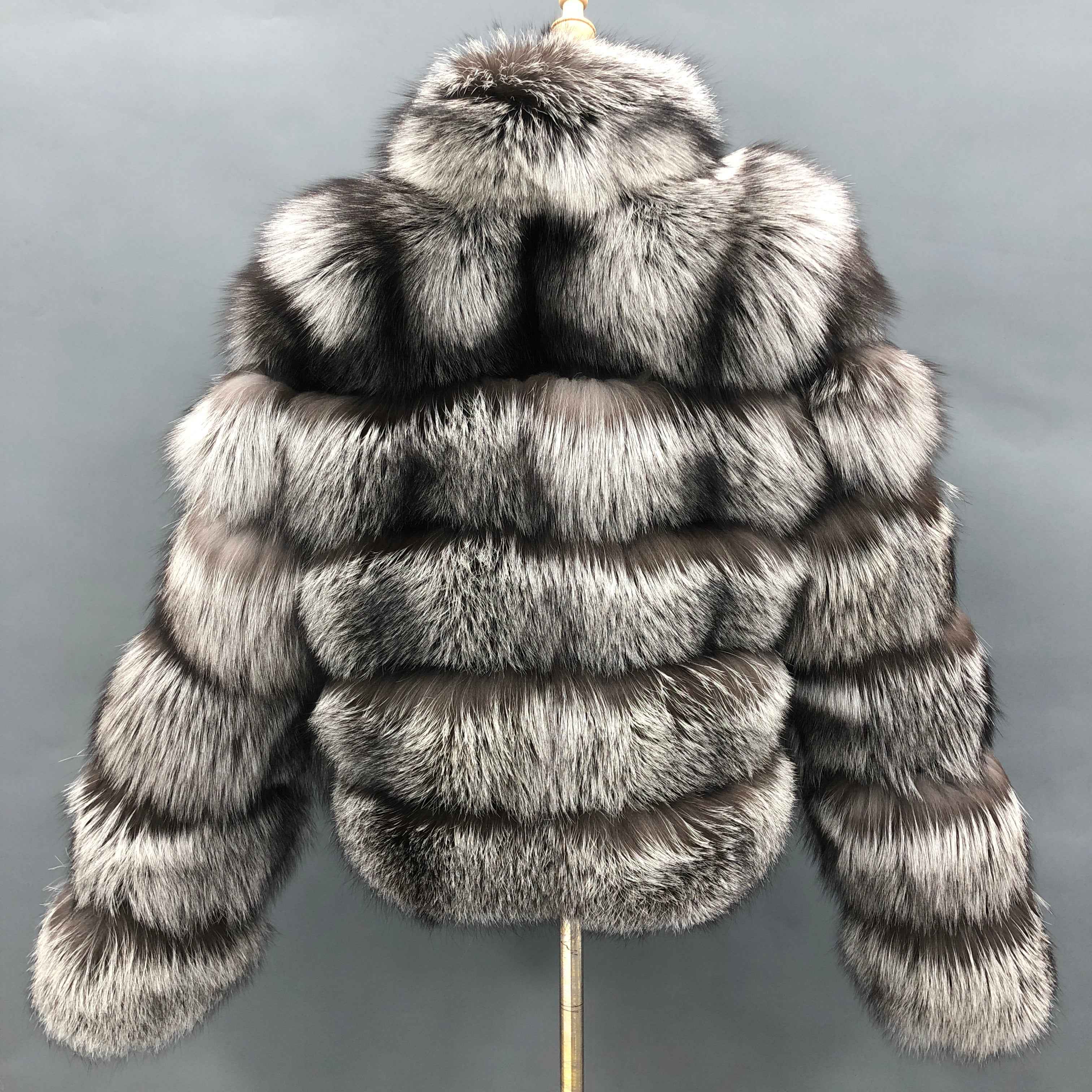 Vintage Silver Fox Fur Coat with Stand Collar, 5 - Panel Body and 6 - Panel Sleeves