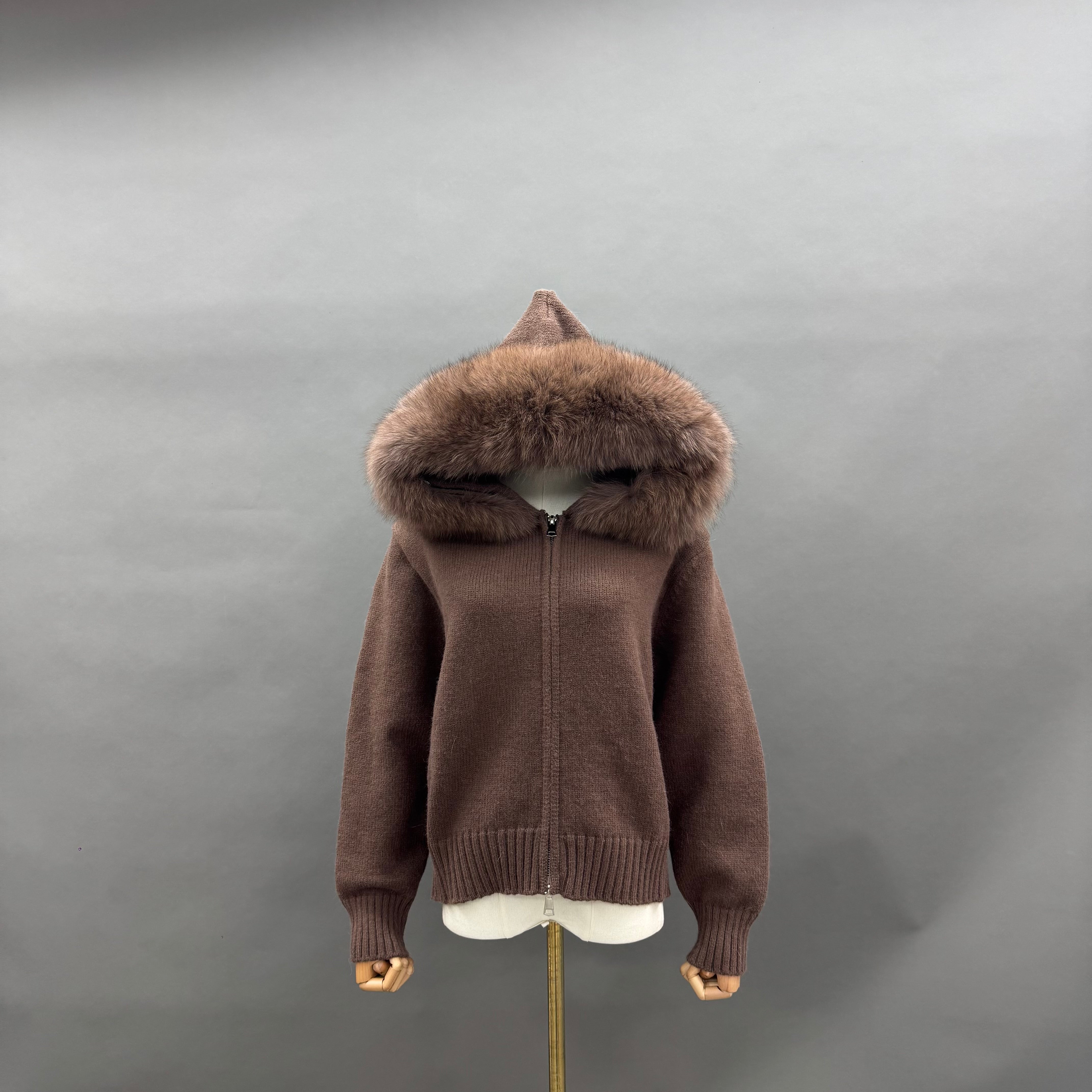 Women’s Beige Sheep Wool Knit Hooded Jacket with Real Fox Fur Trim – Full-Zip Winter Coat for Cold Weather Fashion 12#Brown F-chest 104
