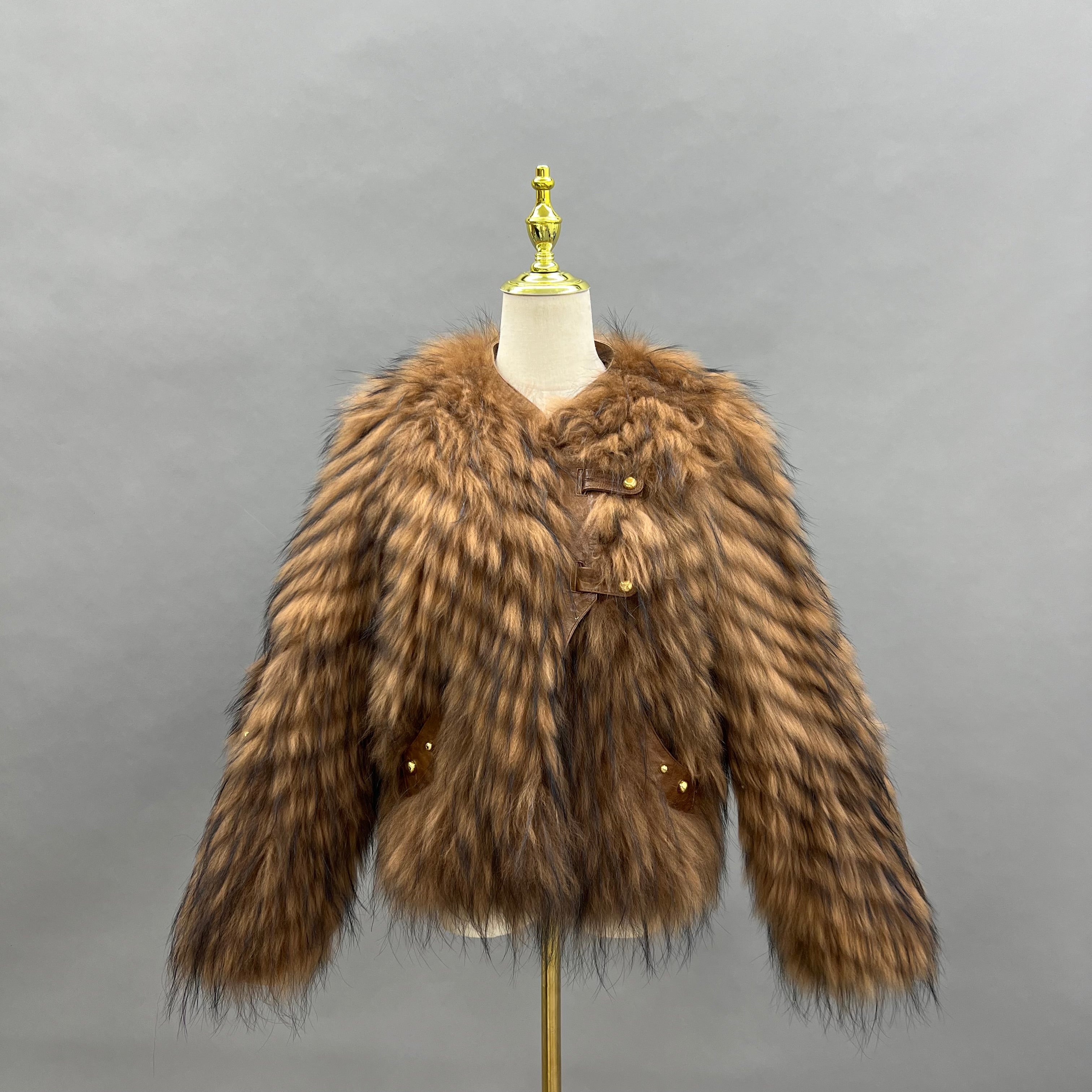 Real Raccoon Fur Coat for Women – Short Length, Carved Stripe Pattern, Warm Winter Jacket Natural Brown