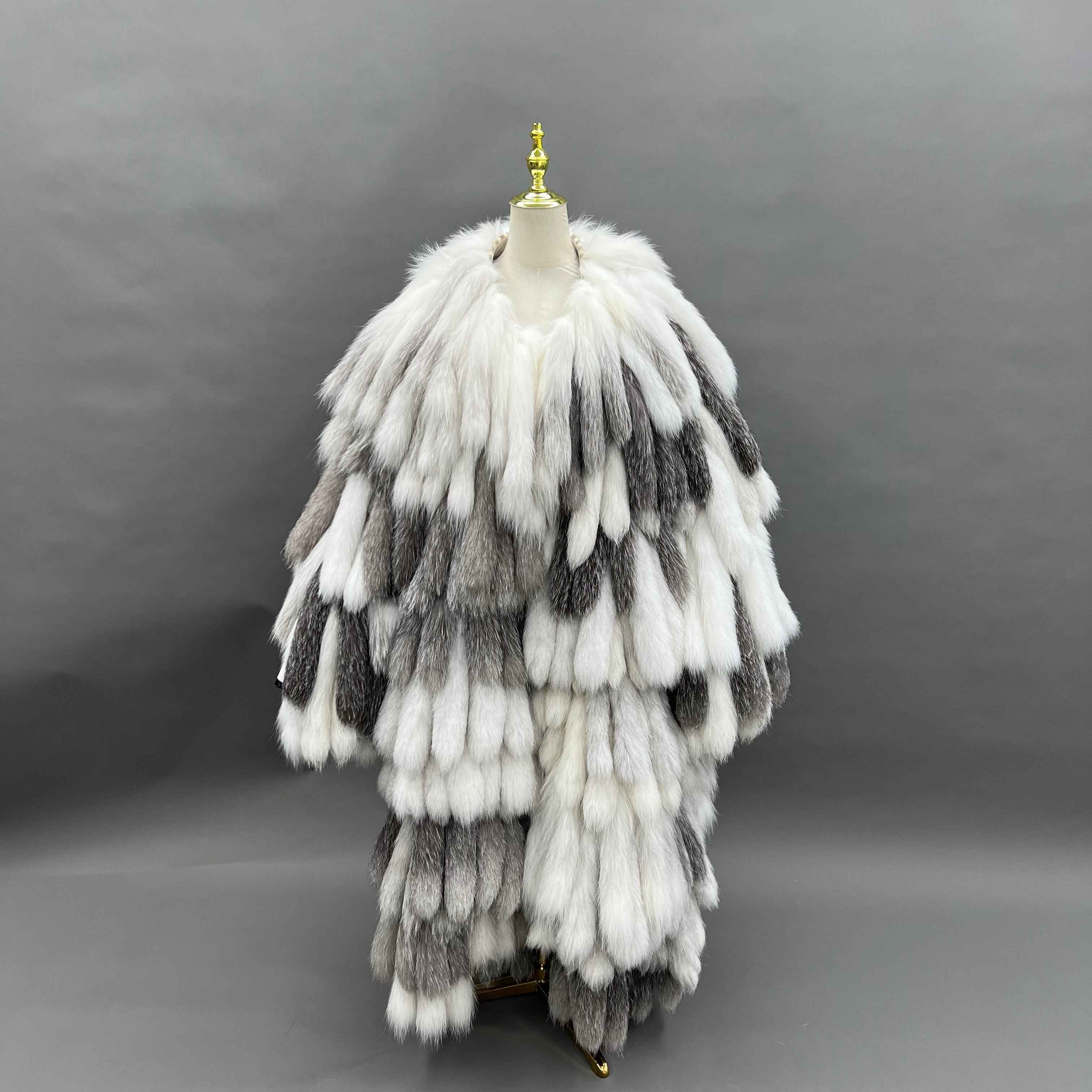 Women's Luxury Genuine Fox Tail Fur Coat - Long Layered Fox Fur Cape for Winter Fashion