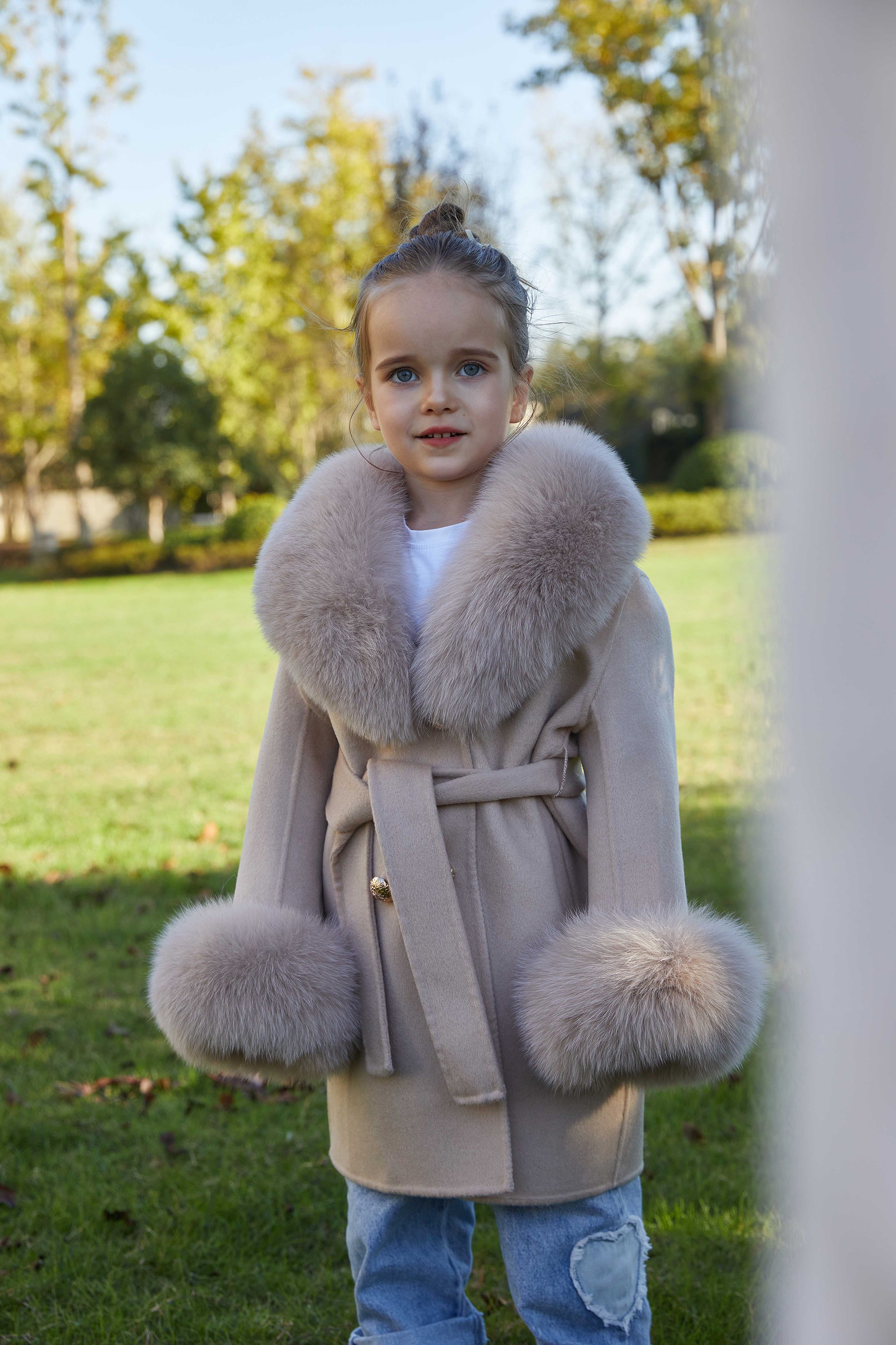 European Style Long Double Side Real Fur Shawl Collar Cashmere Wool Fur Children Coat