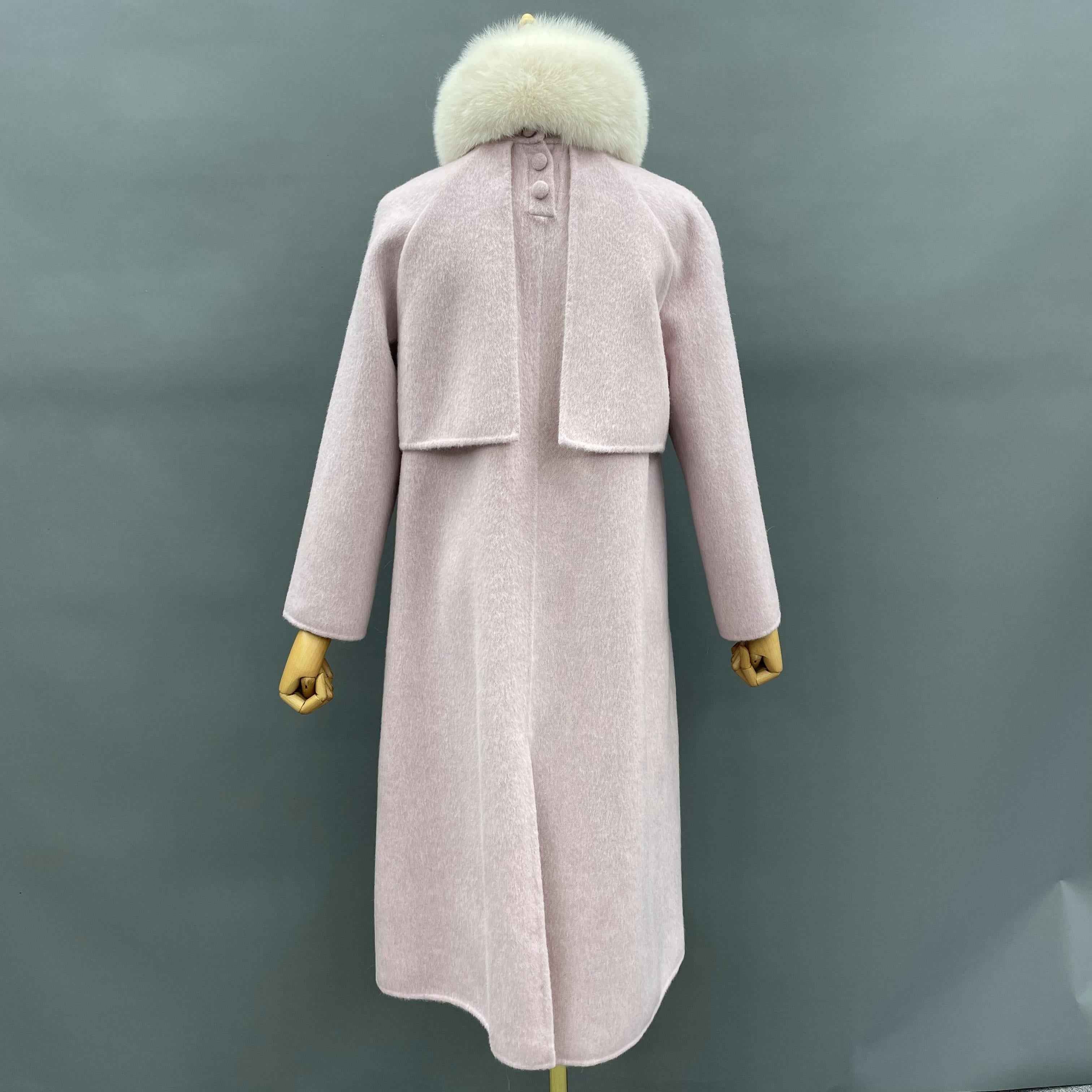 Women's Luxury Double - Faced Wool Trench Coat with Detachable Fox Fur Scarf, Elegant Winter Outerwear