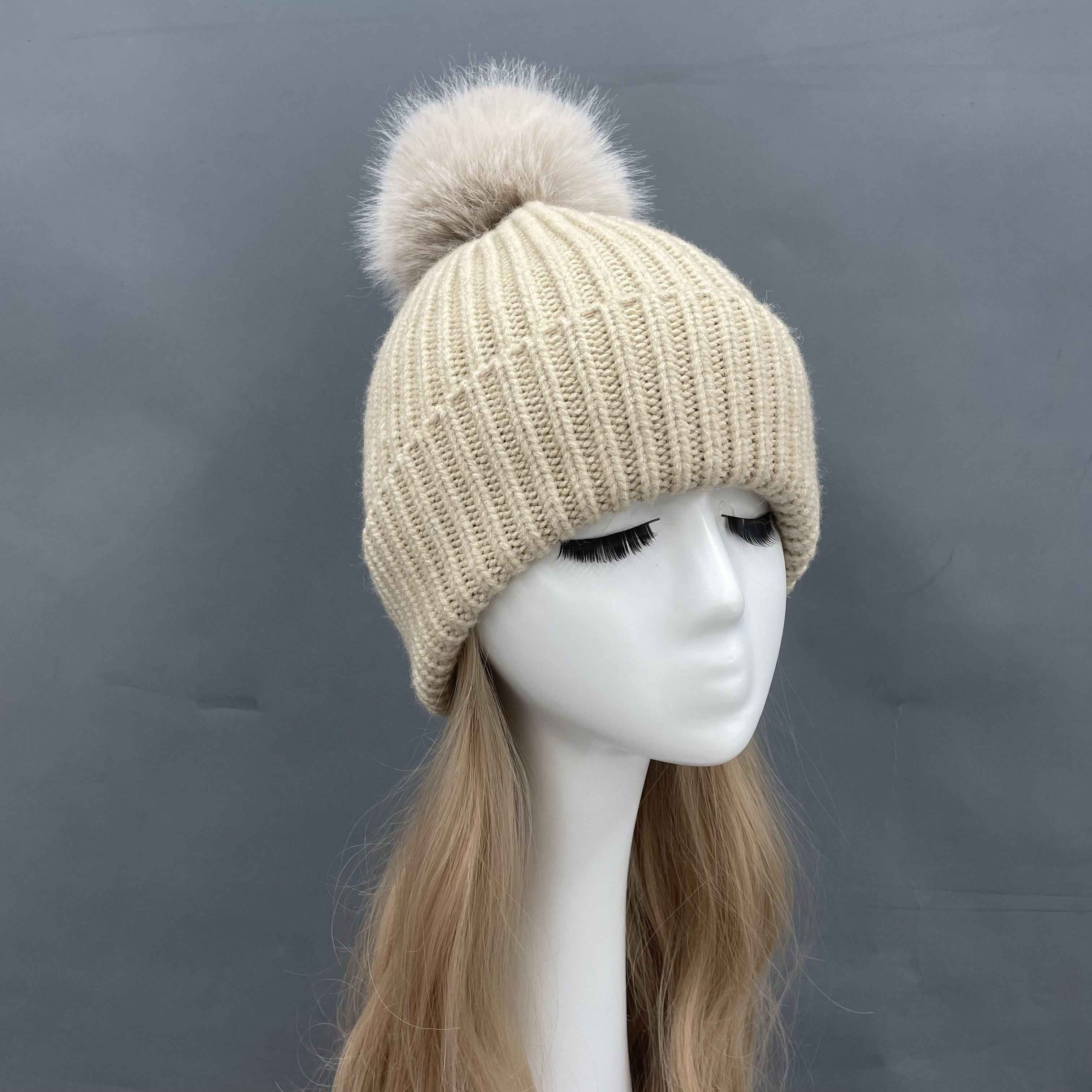Women's Orange Knit Beanie Hat with Fur Pom-Pom & Leather Patch – Warm Winter Hat for Women, Fashionable & Cozy 2#Light Khaki a20 b32-66