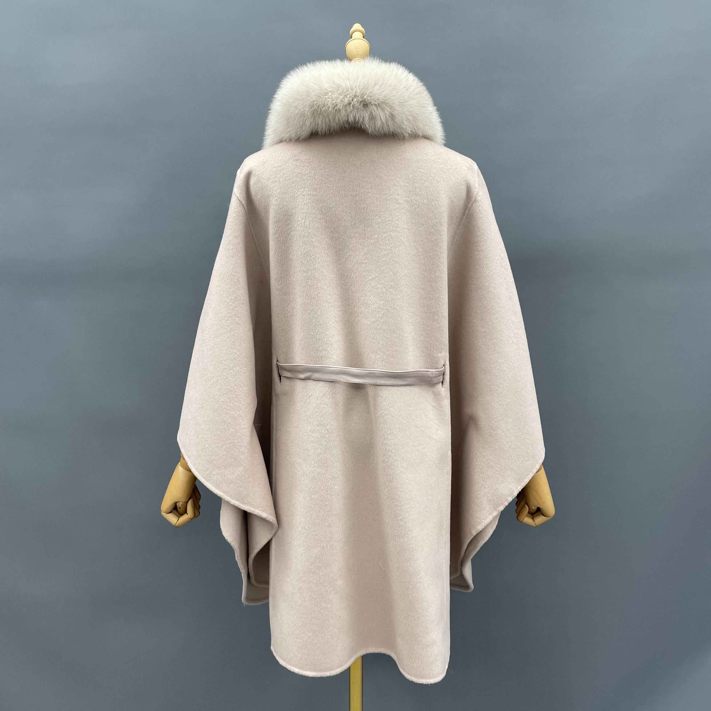 Women's Luxury Double - Faced Wool Cape with Fox Fur Collar and Leather Belt, Elegant Winter Outerwear