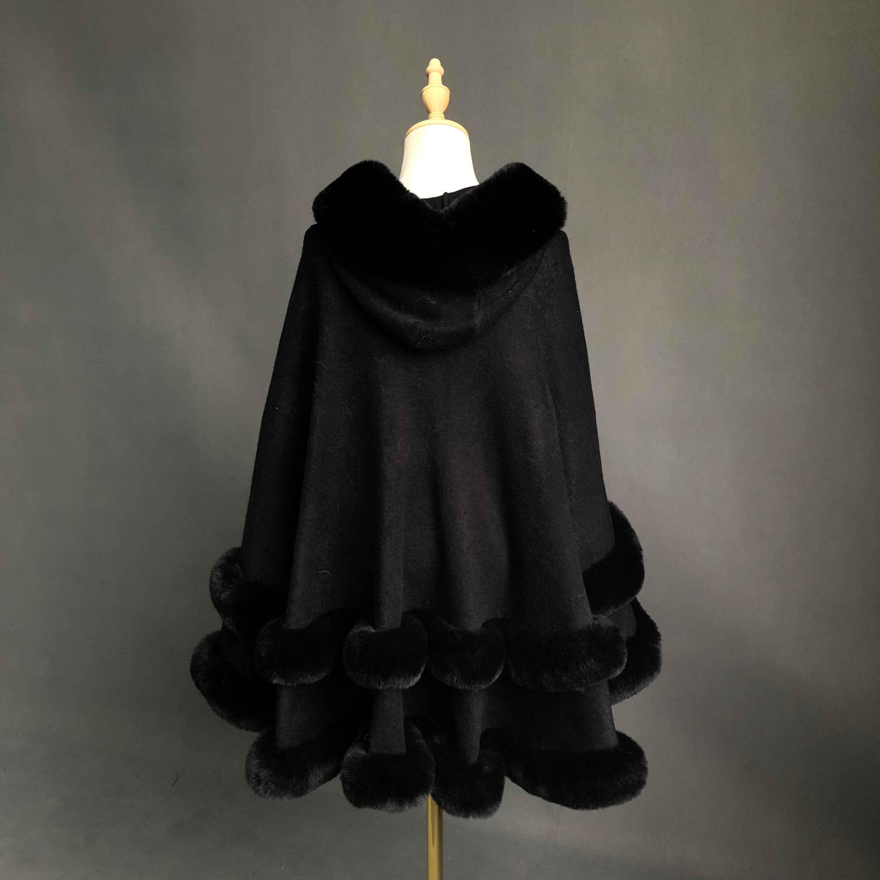 Women's Hooded Faux Fur Trimmed Cape with Pom-Pom Details - Luxurious Winter Outerwear