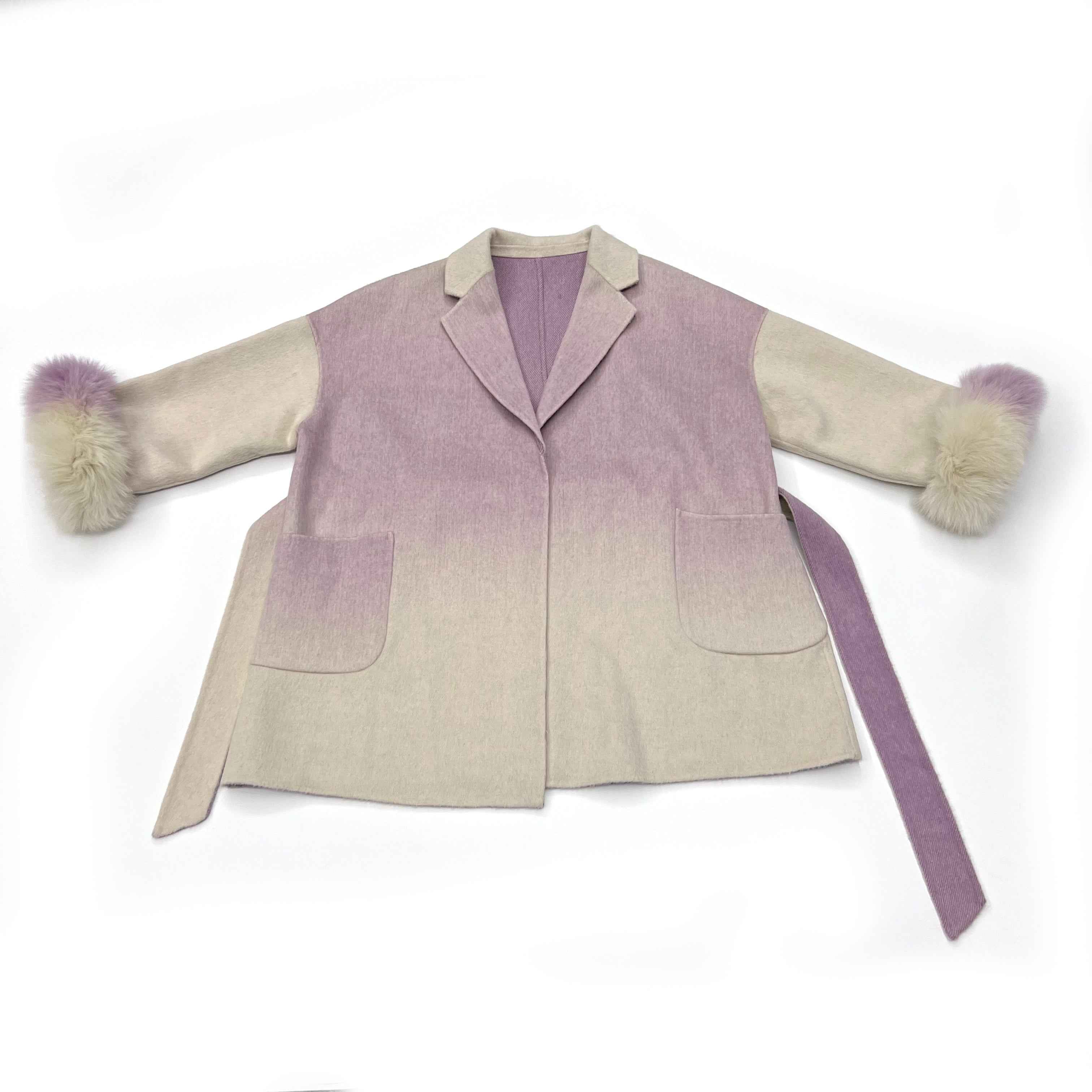 Gradient Color Double Faced Wool Cashmere Coat with Fur Cuffs - Tie Waist Winter Outerwear