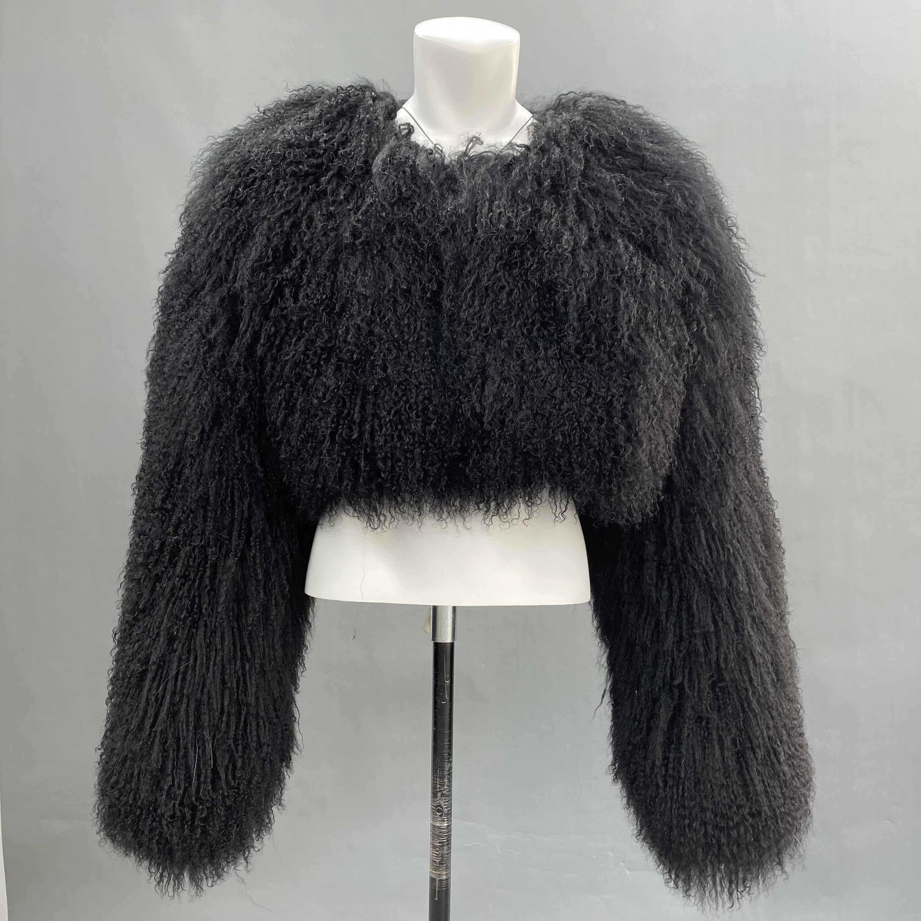 Women's Crop Top Orange Mongolian Lamb Fur Jacket – Short, Curly Hair, Stylish Winter Outerwear for Women 1#Black