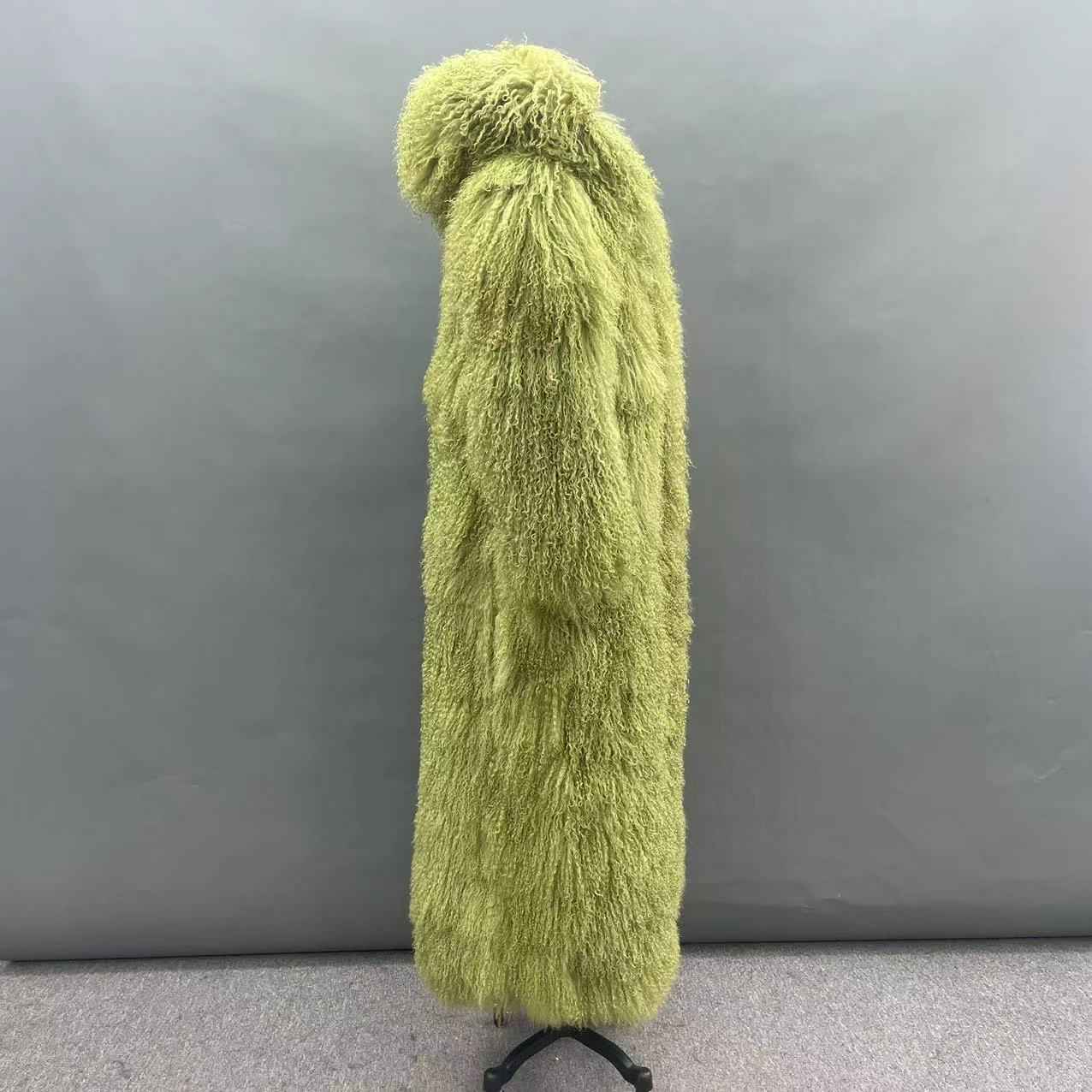 Women's Hooded Long Pink Mongolian Lamb Fur Coat – Full-Length Curly Hair, Elegant Winter Outerwear for Women