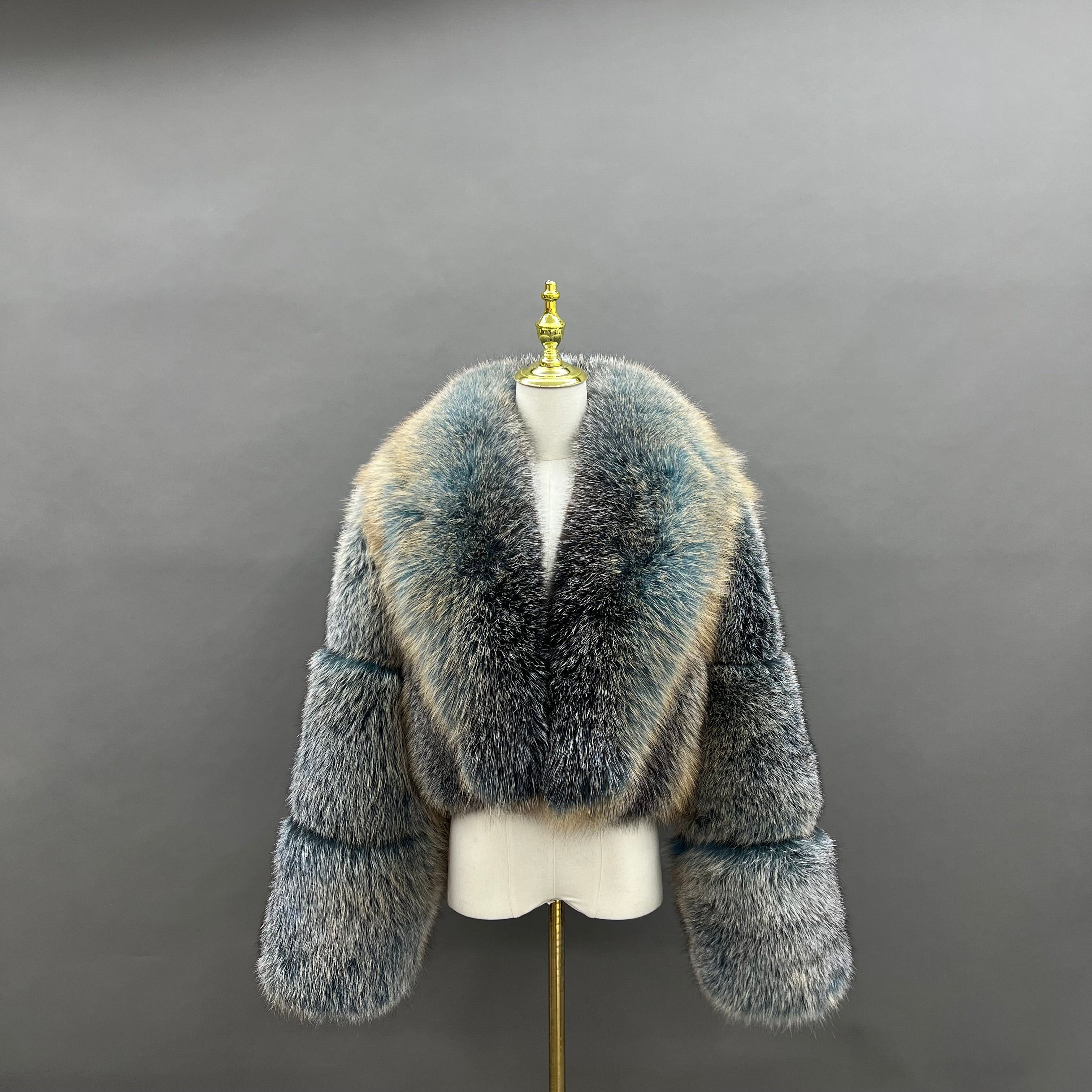 Janefur Women's Short Fox With Large Fur Collar Jacket iridescent blue