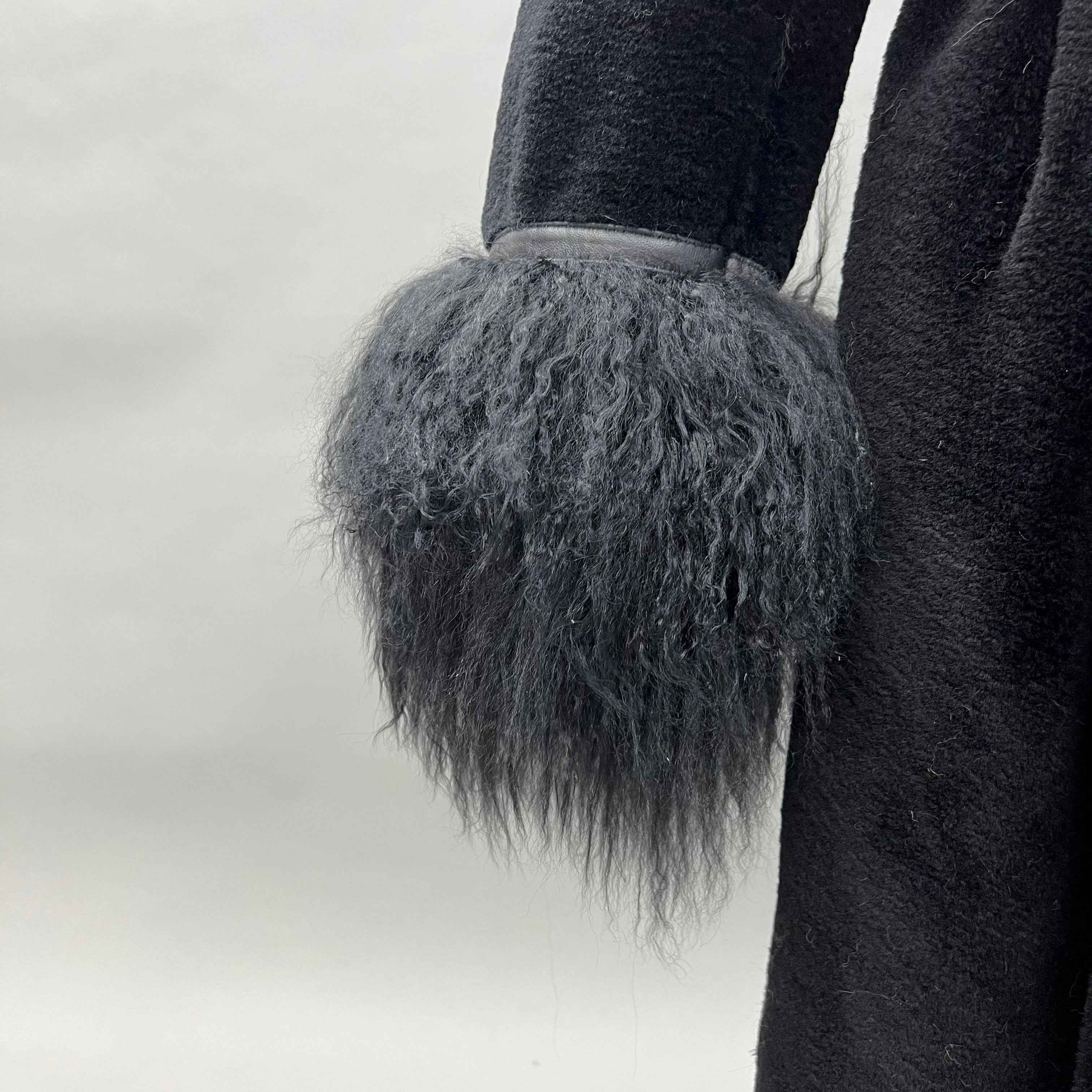 Luxury Shearling Long Coat with Tibetan Lamb Fur Trimmed Cuffs & Placket, Belted Design