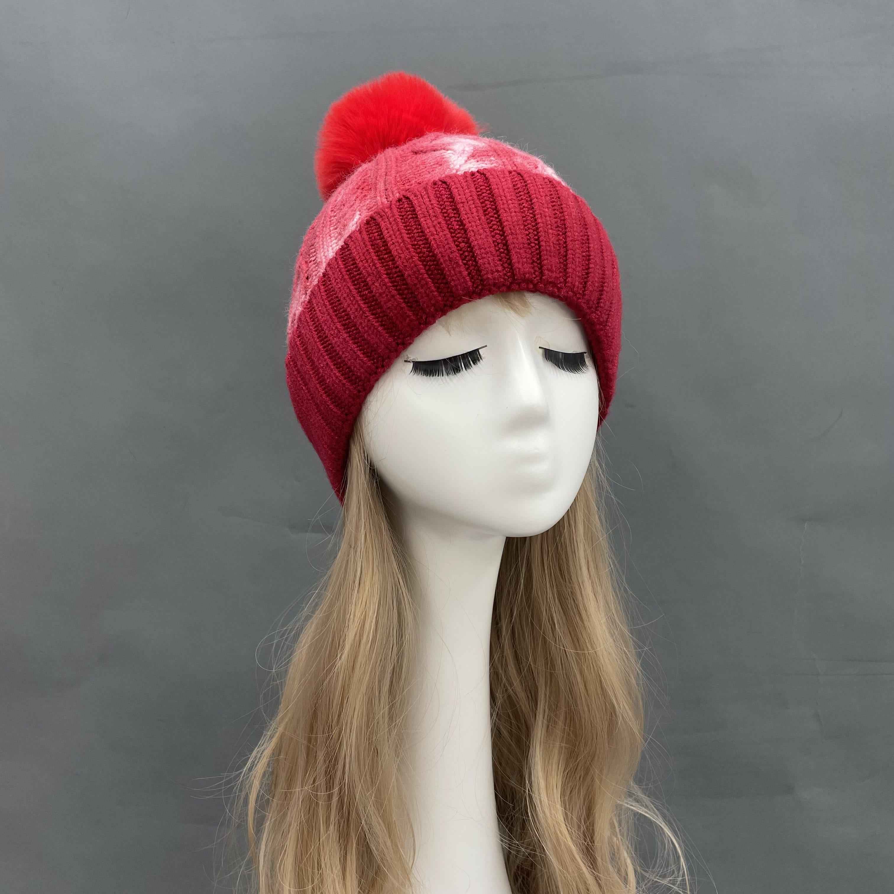 Women's Tie-Dye Knit Beanie with Faux Fur Pom-Pom – Colorful Winter Hat for Women, Trendy & Cozy 2#Bright Red Striped a21 b36-64