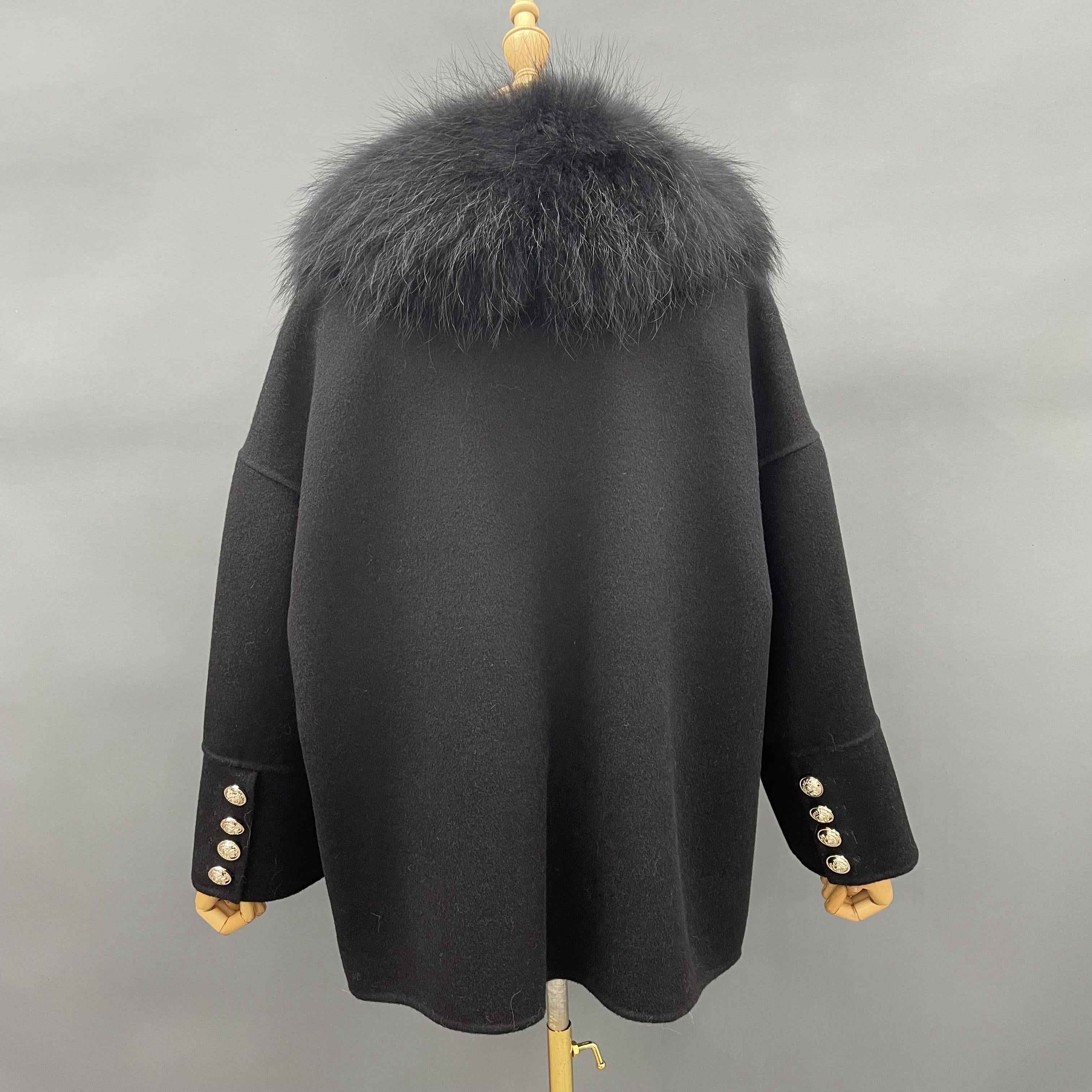 Women's Luxury Double - Faced Wool Coat with Mink Fur Placket and Cuffs Featuring Metal Buttons, Elegant Winter Outerwear