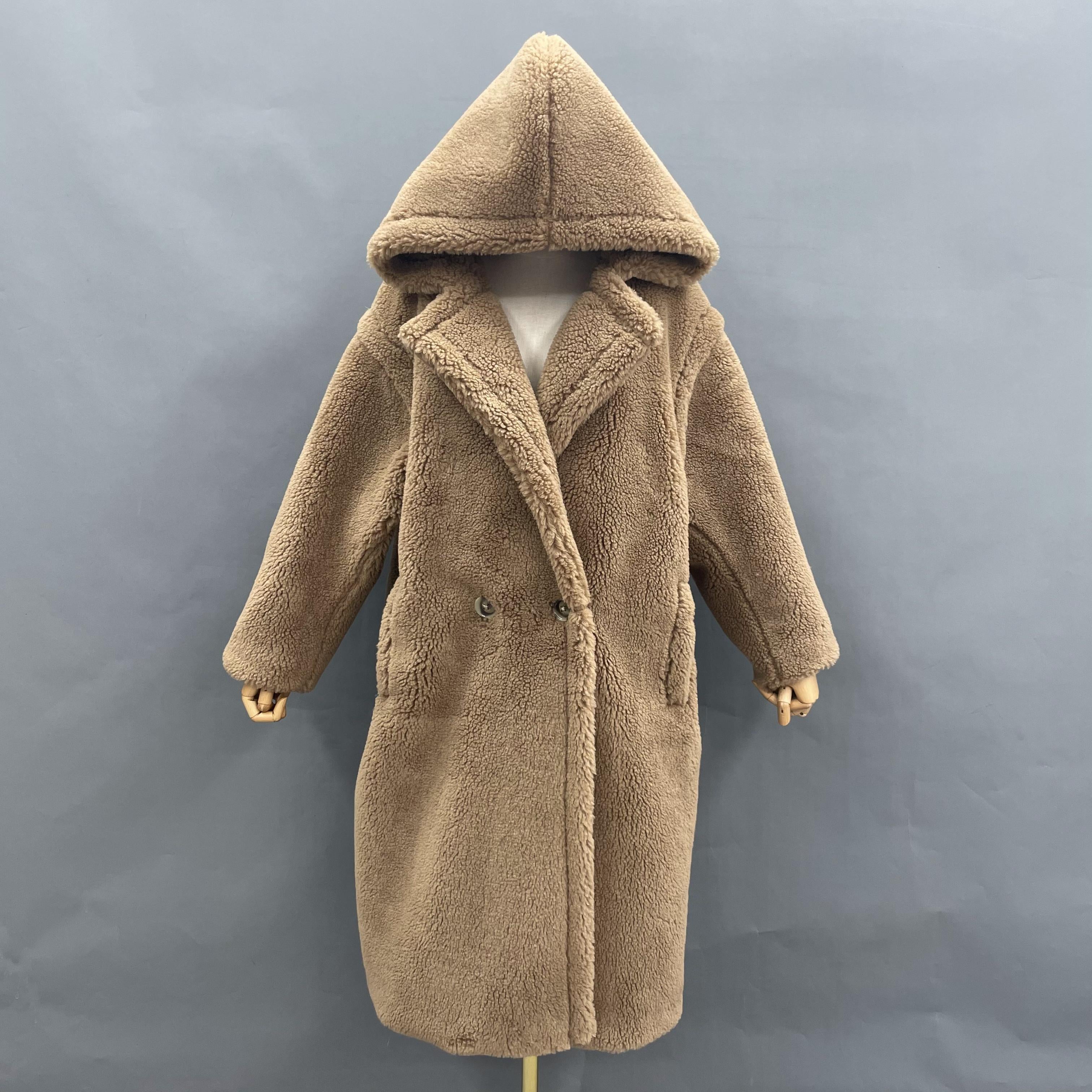 Women's Tan Hooded Teddy Fleece Long Coat with Double-Breasted Notched Lapel - Warm Winter Outerwear