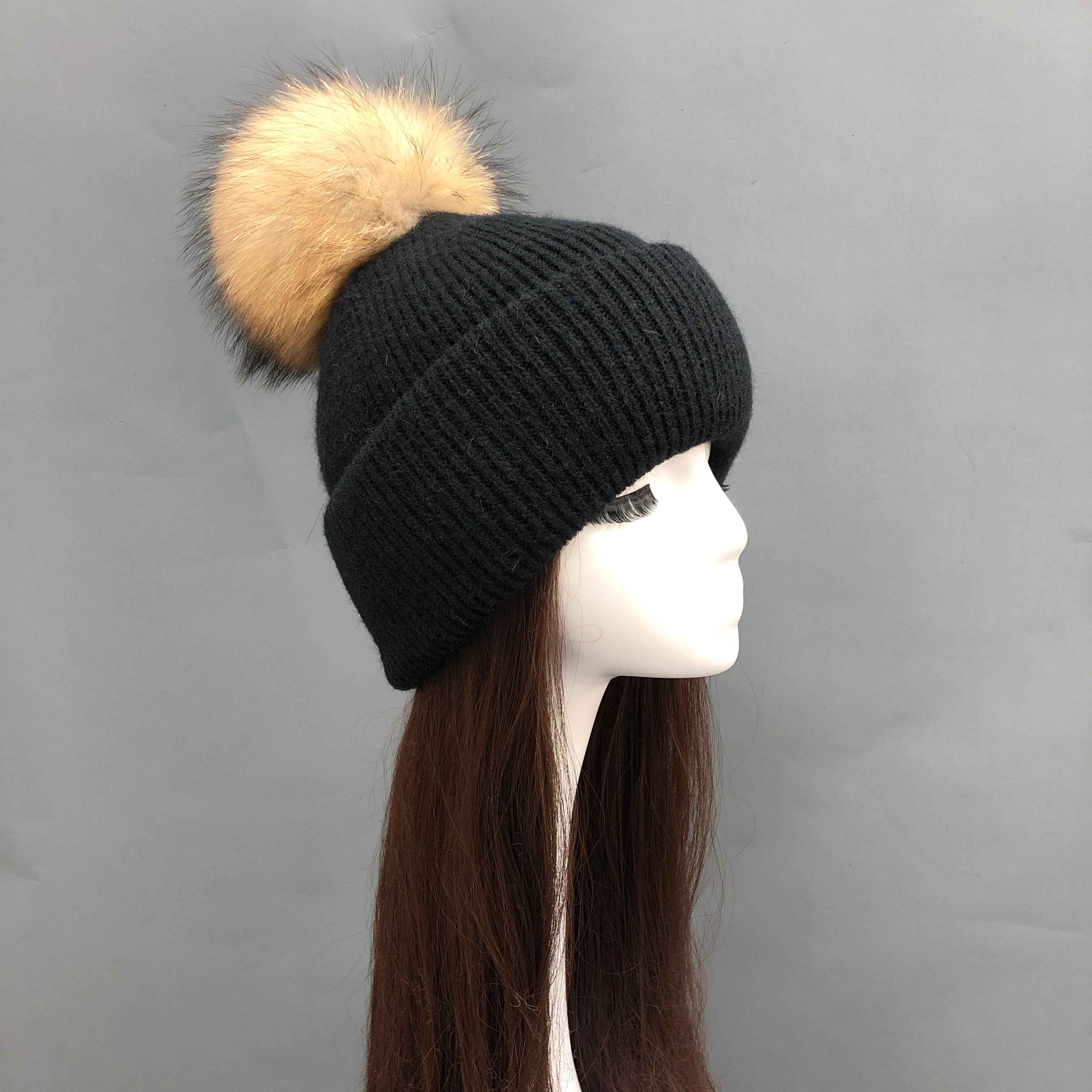 Wholesale Fine Ribbed Rabbit Fur Knit Beanie – Raccoon Fur Pompom Top, Warm Winter Hat for Women, Premium Quality in Bulk 2#Black Adult