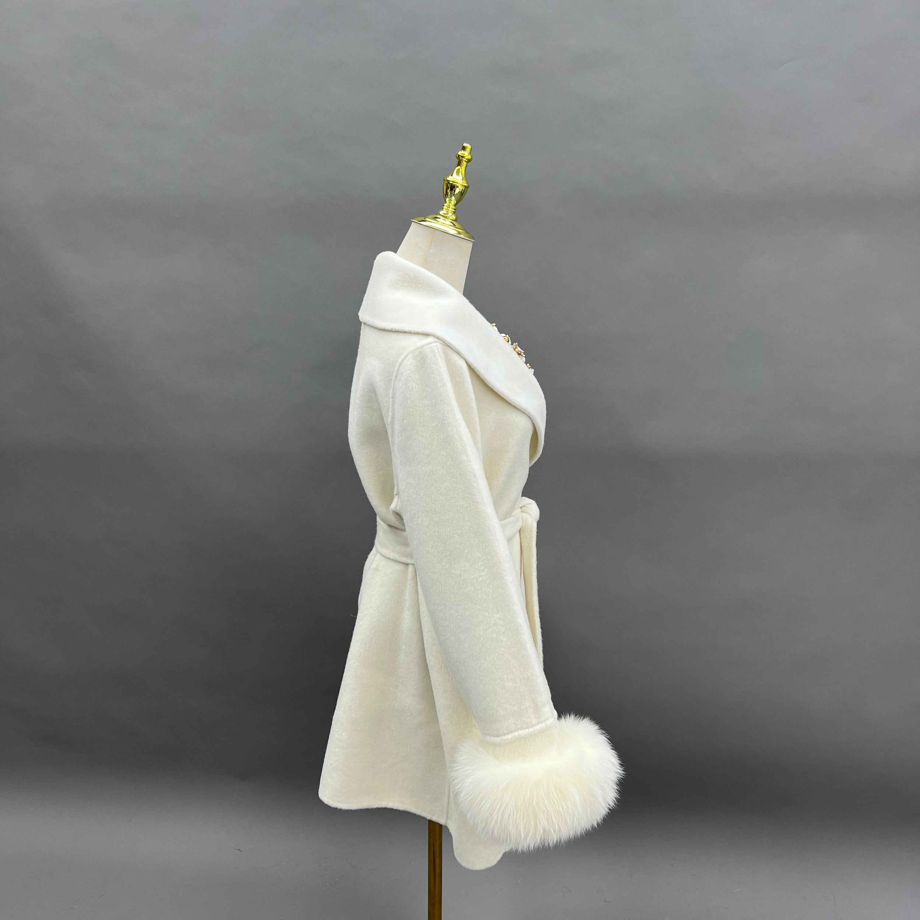 Cashmere Double Faced Coat with Rhinestone Brooch, Fox Fur Collar, Fox Fur Cuffs and Tie Belt