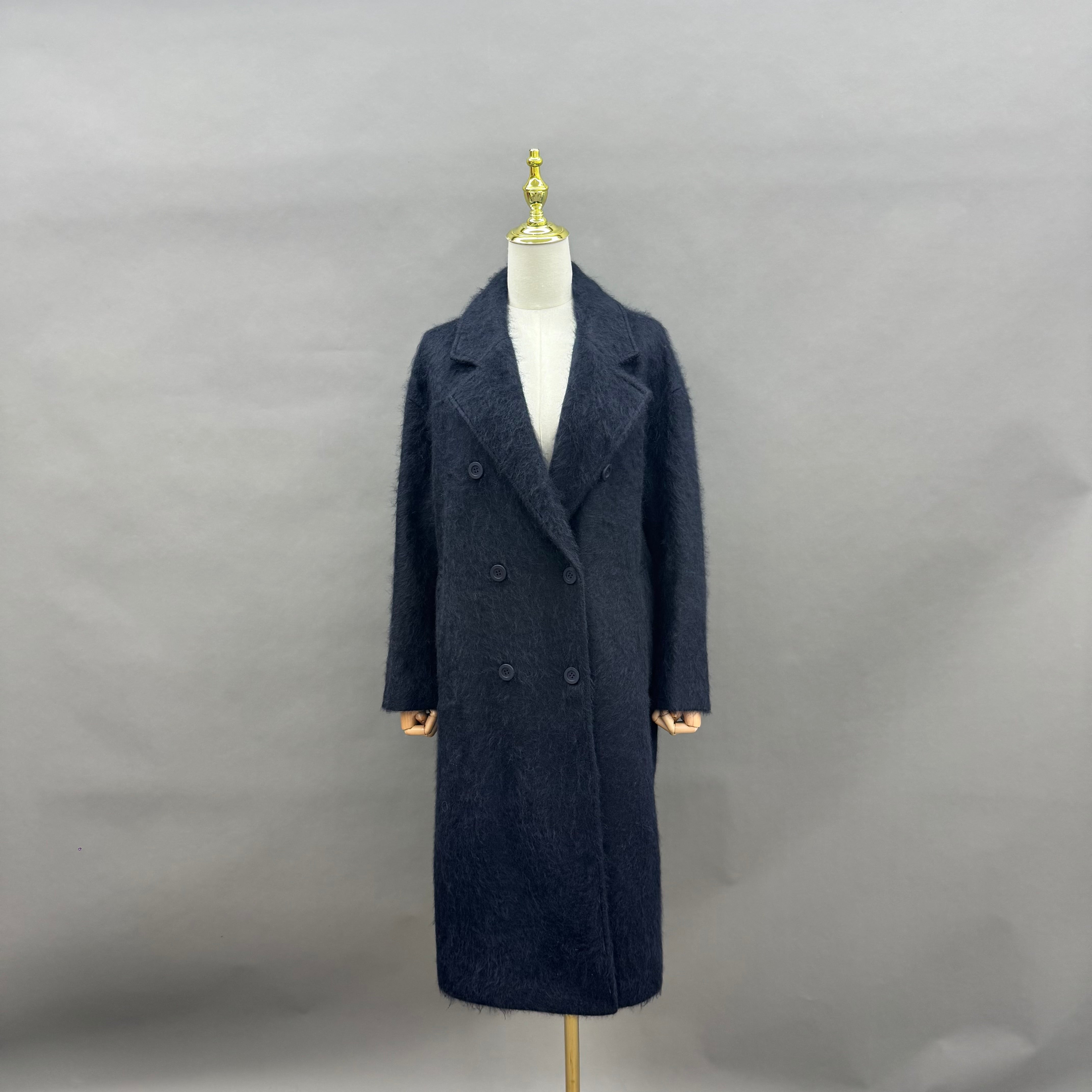 Women’s Gray Wool and Cashmere Blend Double-Breasted Long Coat – Classic Notched Lapel Winter Outerwear for Elegant Fashion 2#Navy