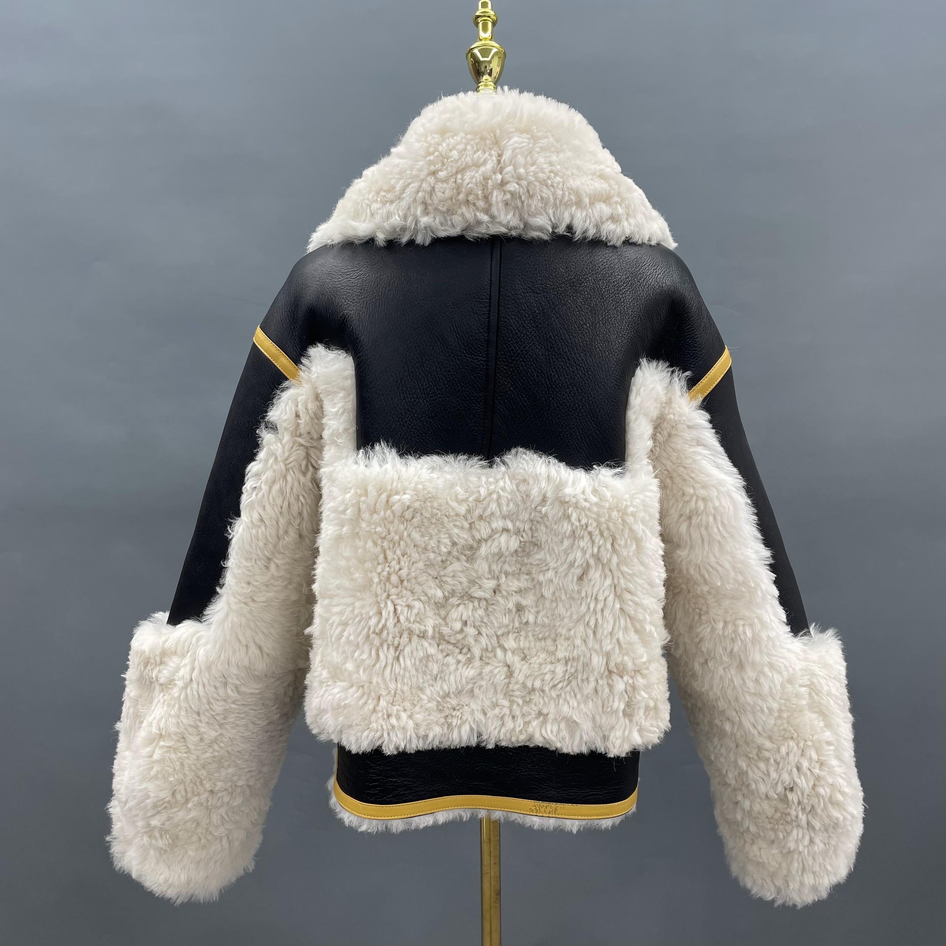 Women's Short Shearling Jacket with Bazaar-Style Notched Lapel, Black & Yellow Contrast & Zipper Front - Edgy Winter Outerwear